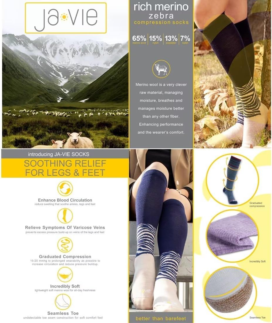ja vie Zebra Merino Wool Compression Socks for Men & Women (15-20mmHg), Knee-High Stockings Seamless Toe for Running