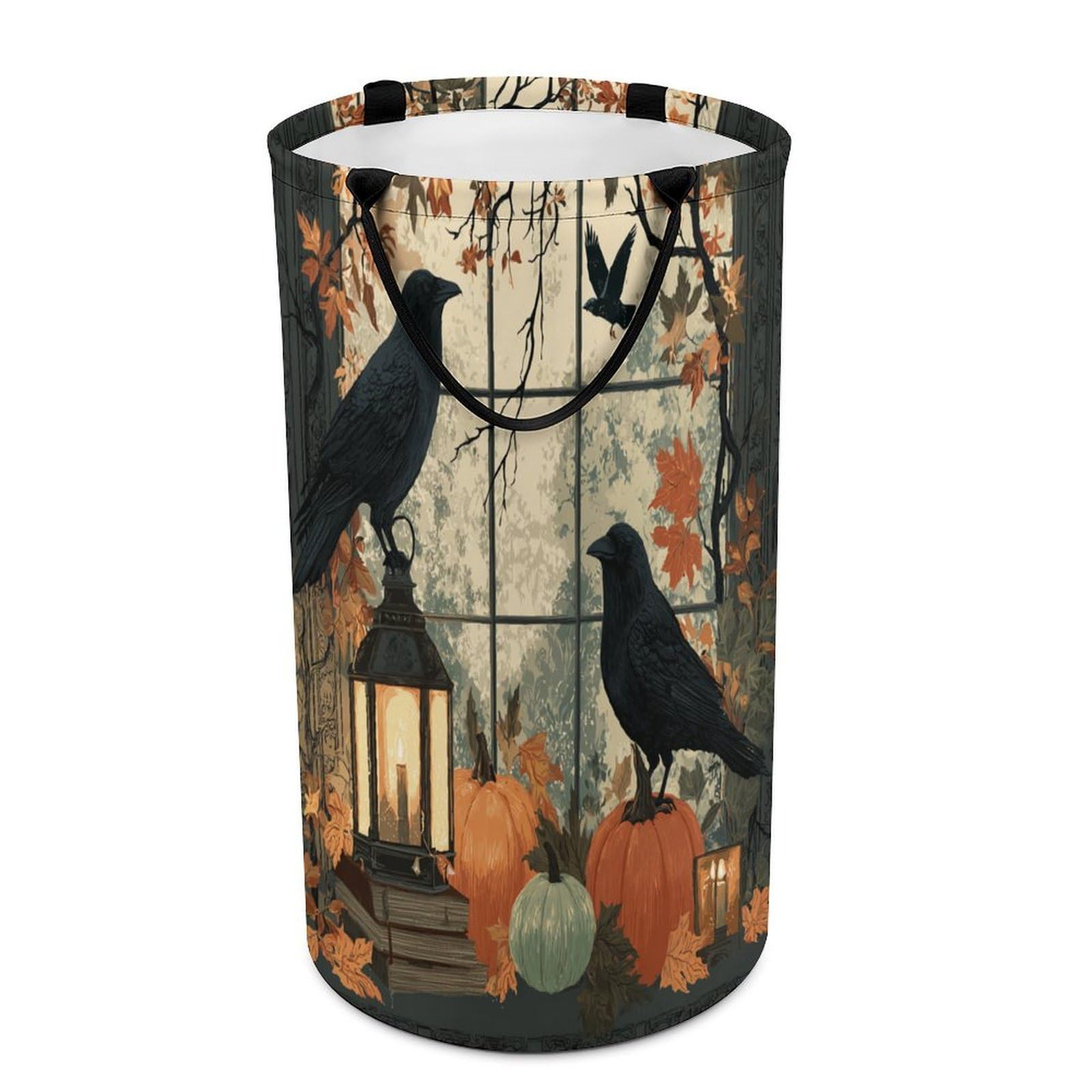 LUYYSKY Modern Rustic Gothic Crows Collapsible Dirty Clothes Basket, Vintage Abstract Halloween Animals Raven Maple Leaves Pumpkins Portable Clothes Storage Basket