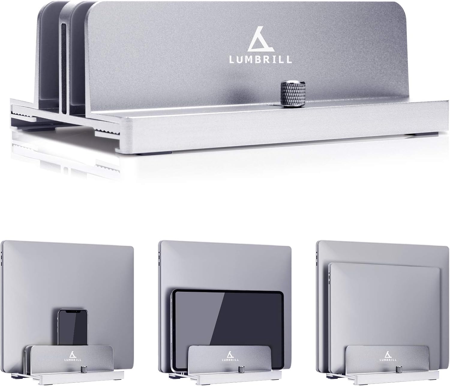 Vertical Laptop Stand, Double Aluminum Alloy Desk Holder Space-Saving Stand Compatible with iPad Pro/MacBook Air/MacBook Pro/Surface Pro and Other Laptop Notebook, Sliver