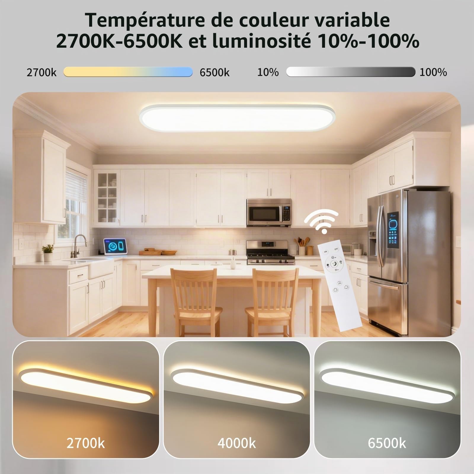LEZOE Plafonnier LED dimmable avec télécommande, 80x20x2.9cm, 36W 4500LM 2700K-6500K avec fonction mémoire, idéal pour le bureau salon chambre la cuisine ou le bureau à domicile Panneau LED ovale