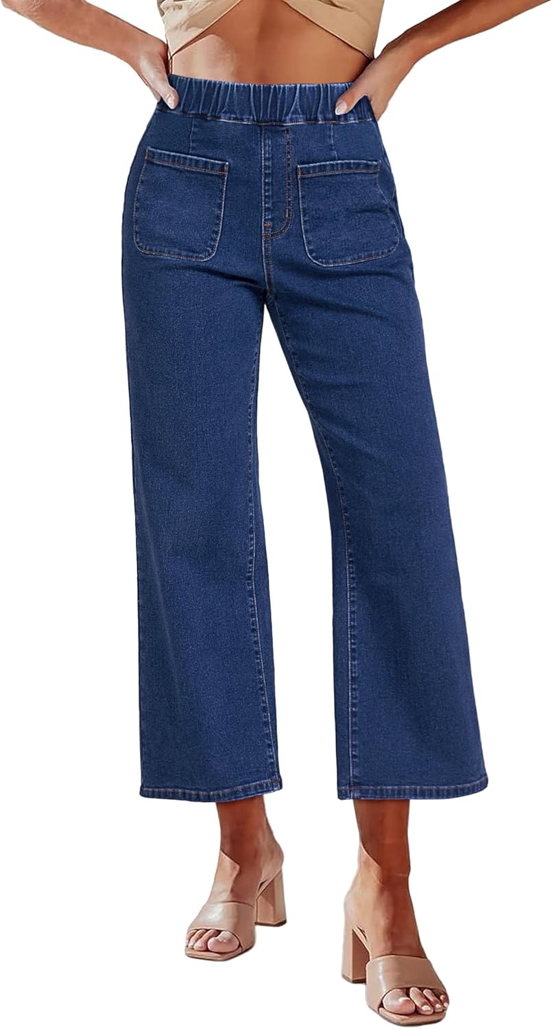 luvamia Wide Leg Jeans for Women Pull On Trendy High Waisted Cropped Jeans Denim Pants Stretchy Baggy with Patch Pockets