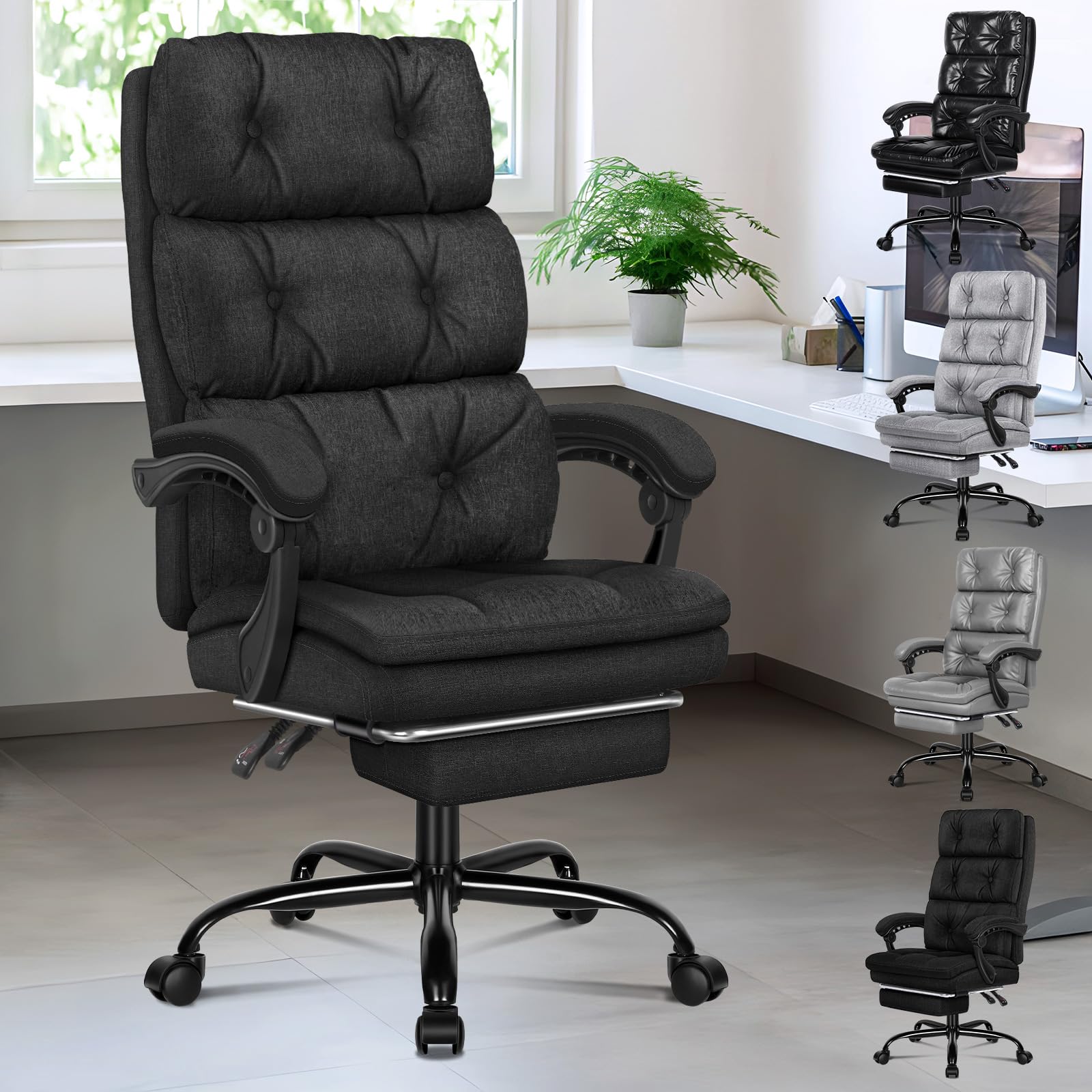 ALFORDSON Silla de Oficina con Acolchado de Doble Capa, Silla de Escritorio para Computadora con Reposapiés, Respaldo Alto, Función Reclinable de 150 °, Tela de Lino, Negro
