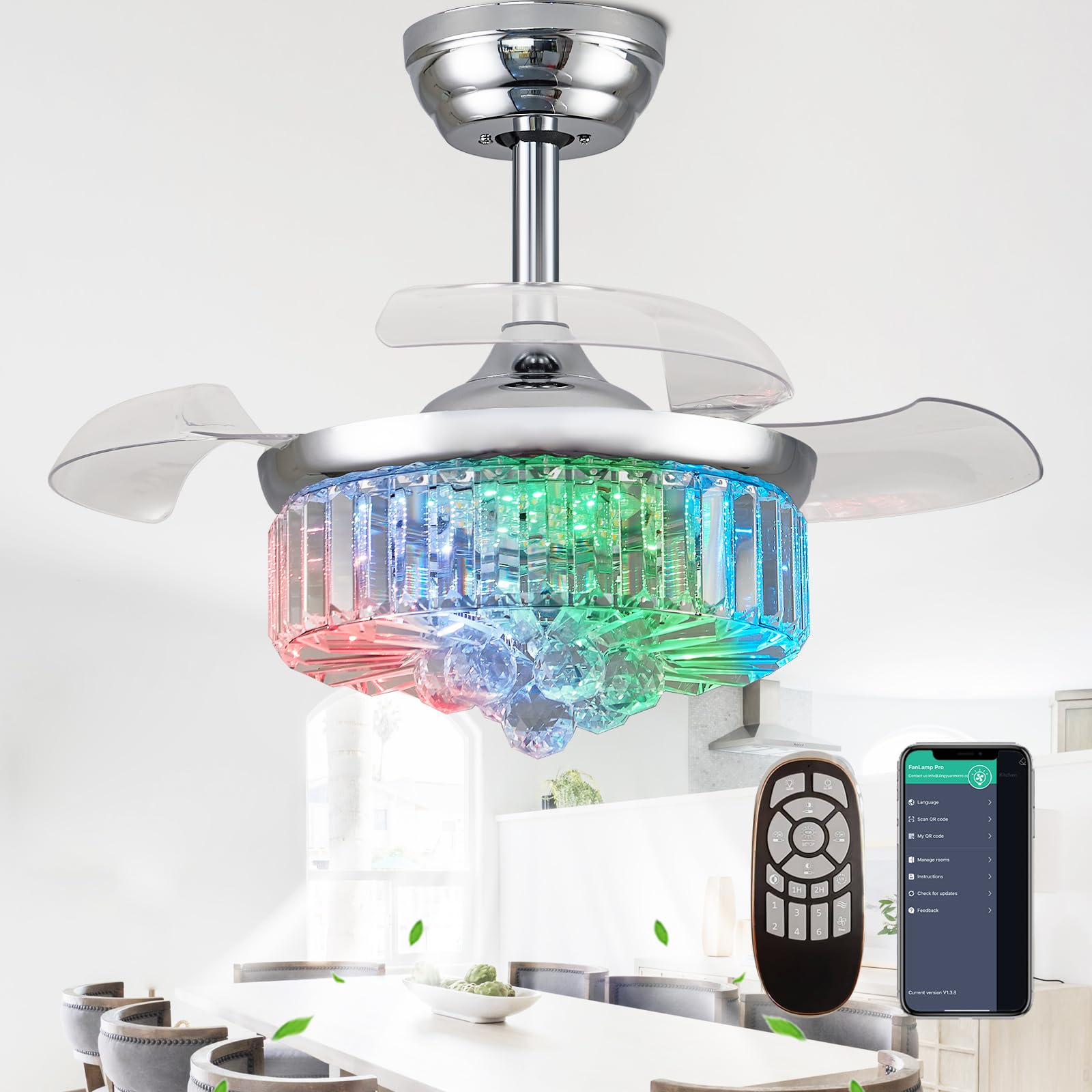 Photo 1 of Zynfandor 30" Retractable Crystal Ceiling Fan with Light, RGB Modern Fandelier 6 Speeds Reversible Blades Dimmable Chandelier Ceiling Fan with Remote App Control Memory Timer Silver
