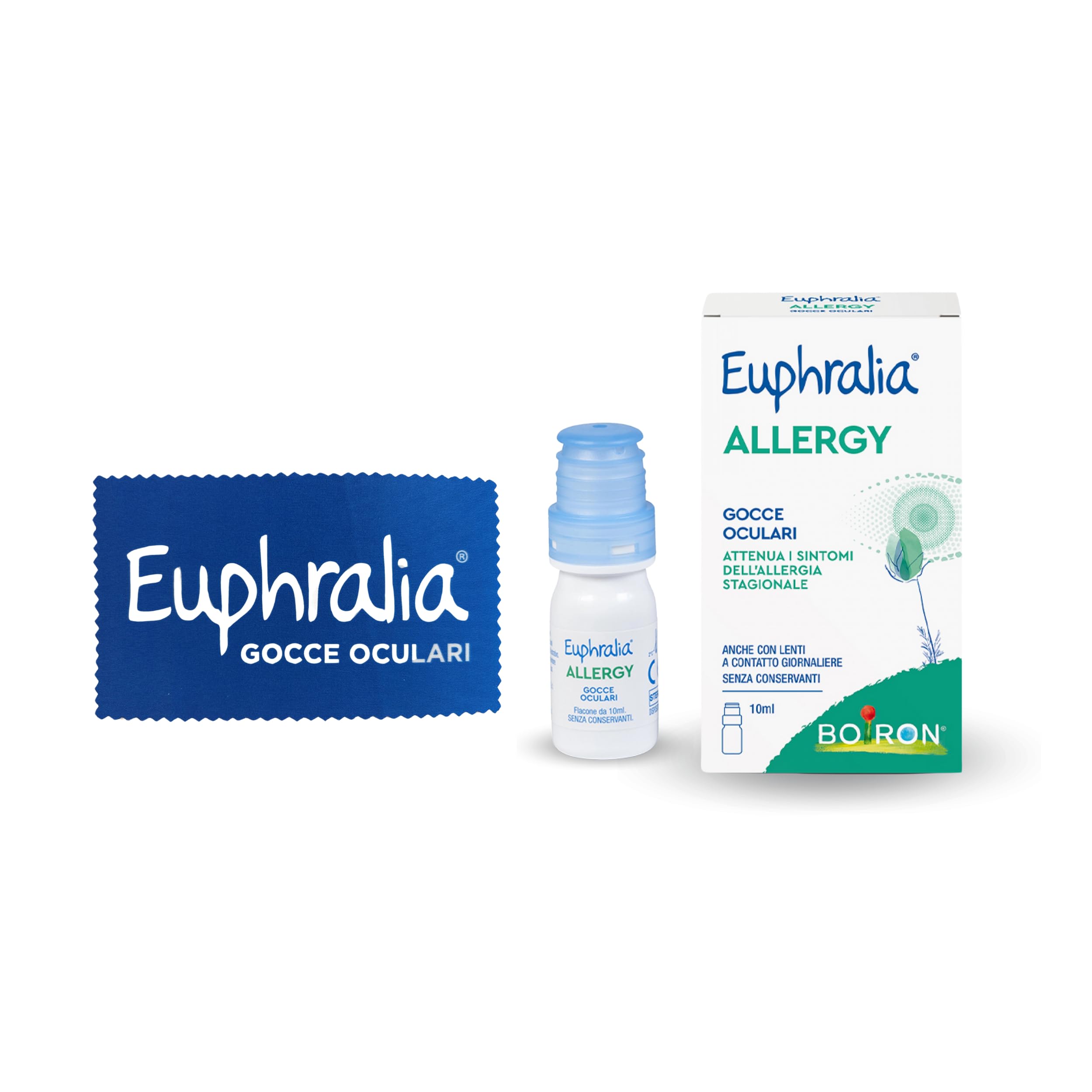 Euphralia Allergy - Gocce Oculari, Allergia, Congiuntivite Allergica, Fastidio Oculare, con Acido laluronico e Vitamina B12 - Flacone da 10 ml + Panno occhiali