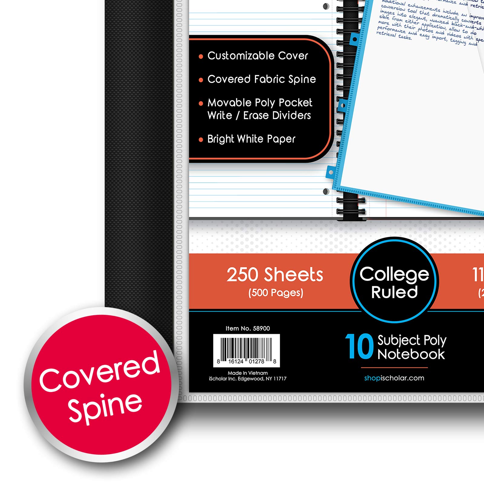 iScholar iQ+ Cahier à 10 sujets à couverture en polyéthylène ligné pour études universitaires, 27,9 x 21,6 cm, 250 feuilles, bleu sarcelle (58900-TL)