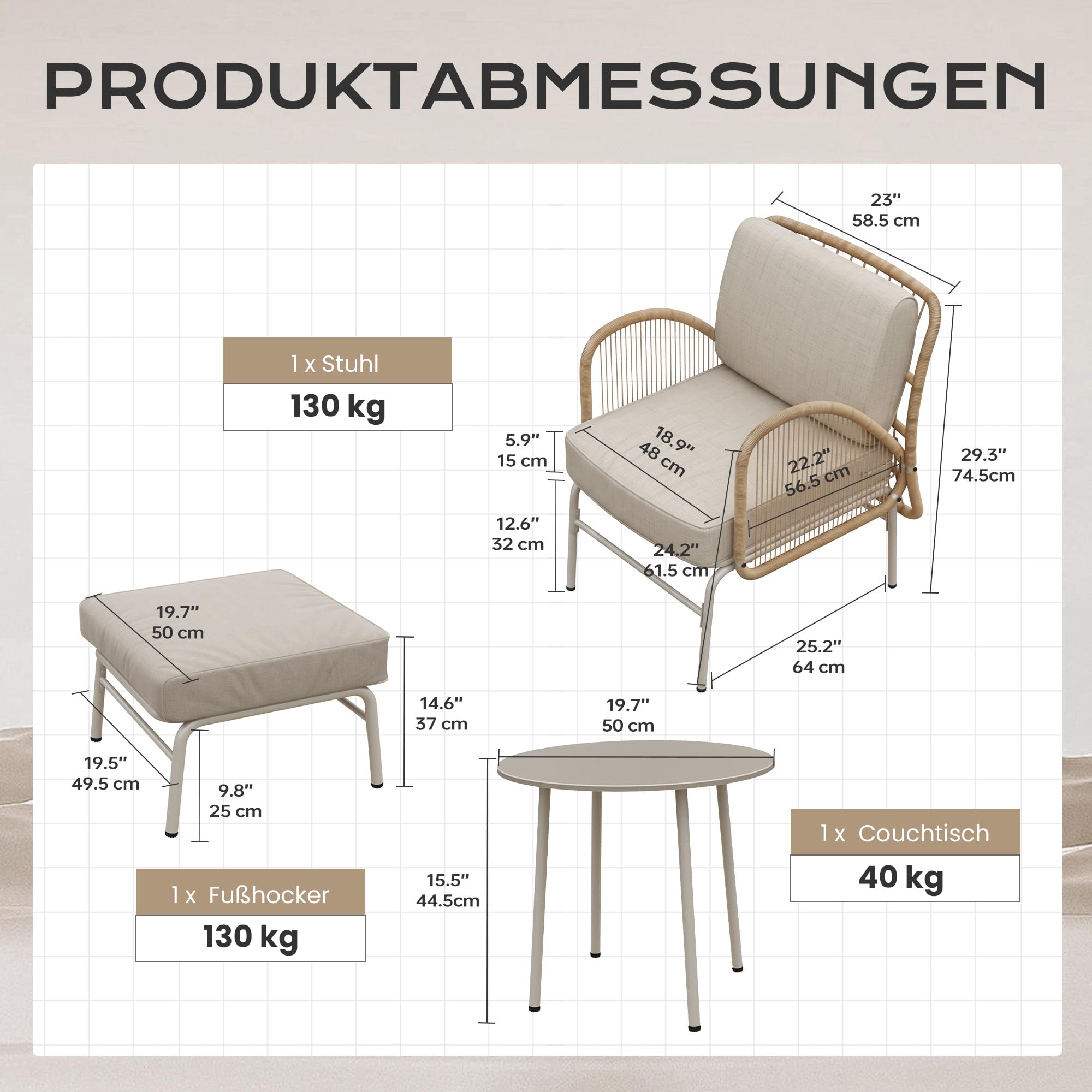 3-teiliges Gartenmöbel-Set, Rattan Outdoor Sitzgruppe mit Sessel, Hocker & Beistelltisch, Wetterfestes Garten-Lounge-Set mit dicken Polstern für Balkon, Hinterhof, Veranda
