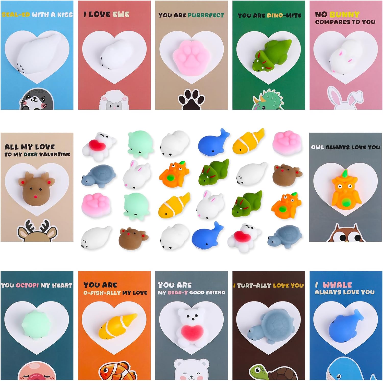 Valentines Day Gifts for Kids - 24 Packs Mochi Squishies Toys with Cards, Valentines School Classroom Gift Exchange Prizes Rewards Party Favors Fidget Stretchy Toy Squeeze Toys Boys Girls