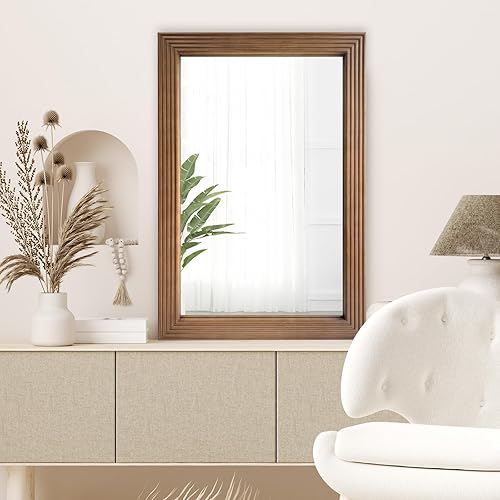 Miniatura 3 de DAOYIJIAJU Espejo de pared con marco de madera rústica, espejo rectangular para colgar en madera, espejo de pared de granja para baño, tocador,