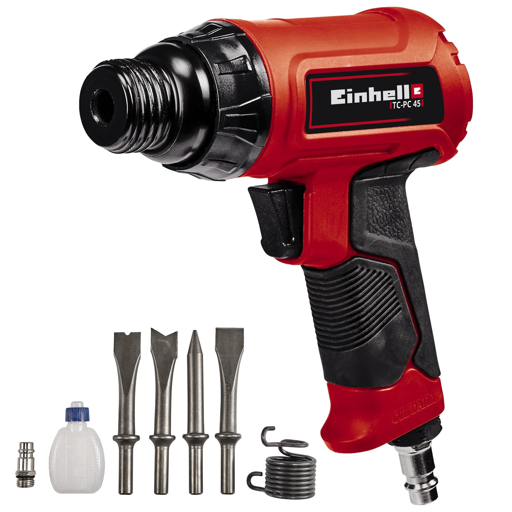 Einhell Cinceladora neumática TC-PC 45 Set (incluye juego de cinceles de 120 mm de 4 piezas, accesorio para usar como martillo de agujas, botella de aceite, boquilla, muelle tensor) | Para trabajar en piedra y metal, juego de 4 cinceles, accesorio para ag