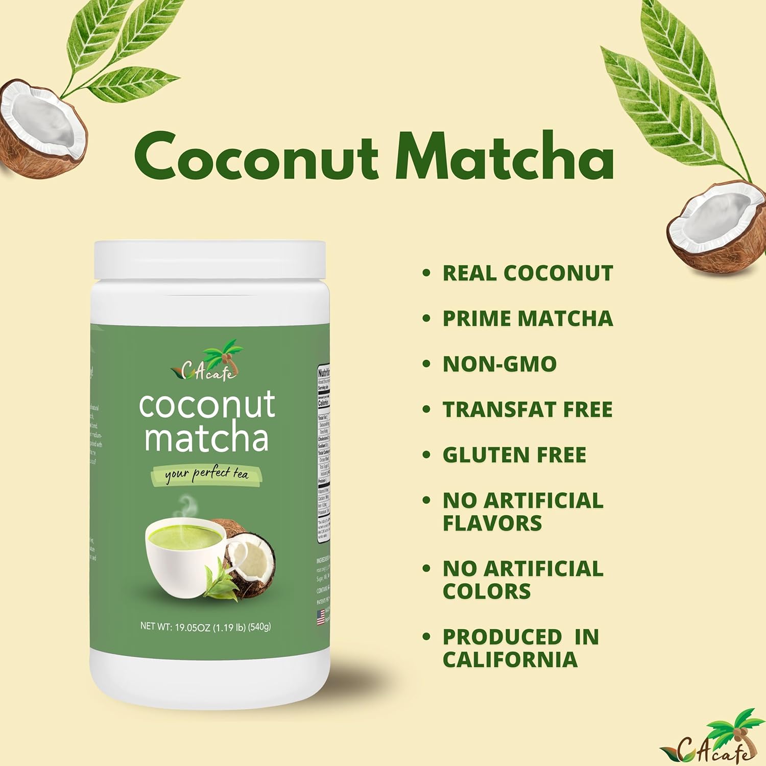 CAcafe Coconut Matcha - Instant Japanese Health Drink - Creamy & Sweet - Hot or Iced Green Tea Latte Mix - New Look, Reduced Sugar - Non-GMO - No Artificial Flavors or Colors | 6-Pack
