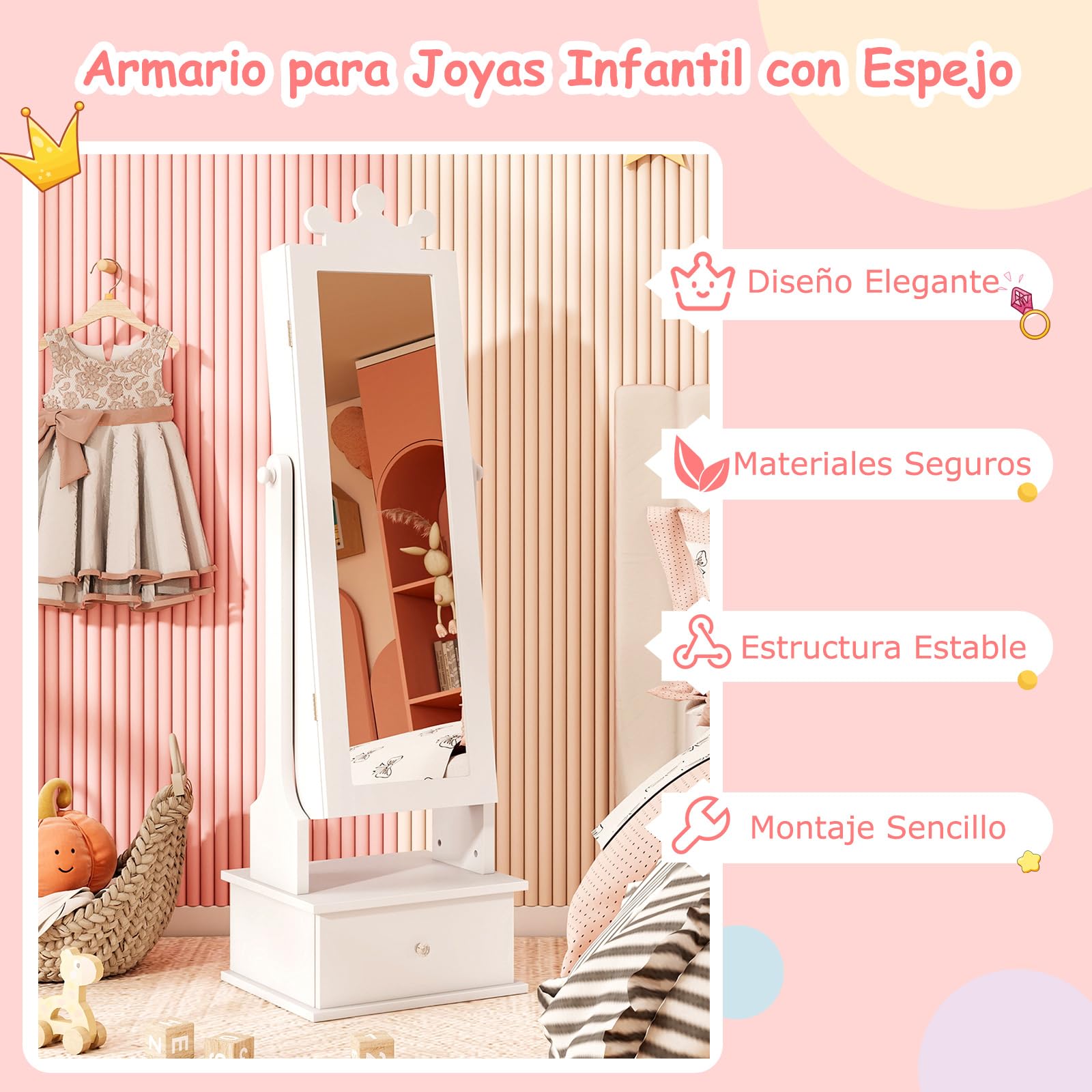 COSTWAY Armario de Joyería para Niños con Espejo y 3 Cajones, 2 Ángulos de Inclinación Ajustables y Sistema Antivuelco, Espejo Vestidor con Forma de Corona para Niños de 3+ Años (Blanco)