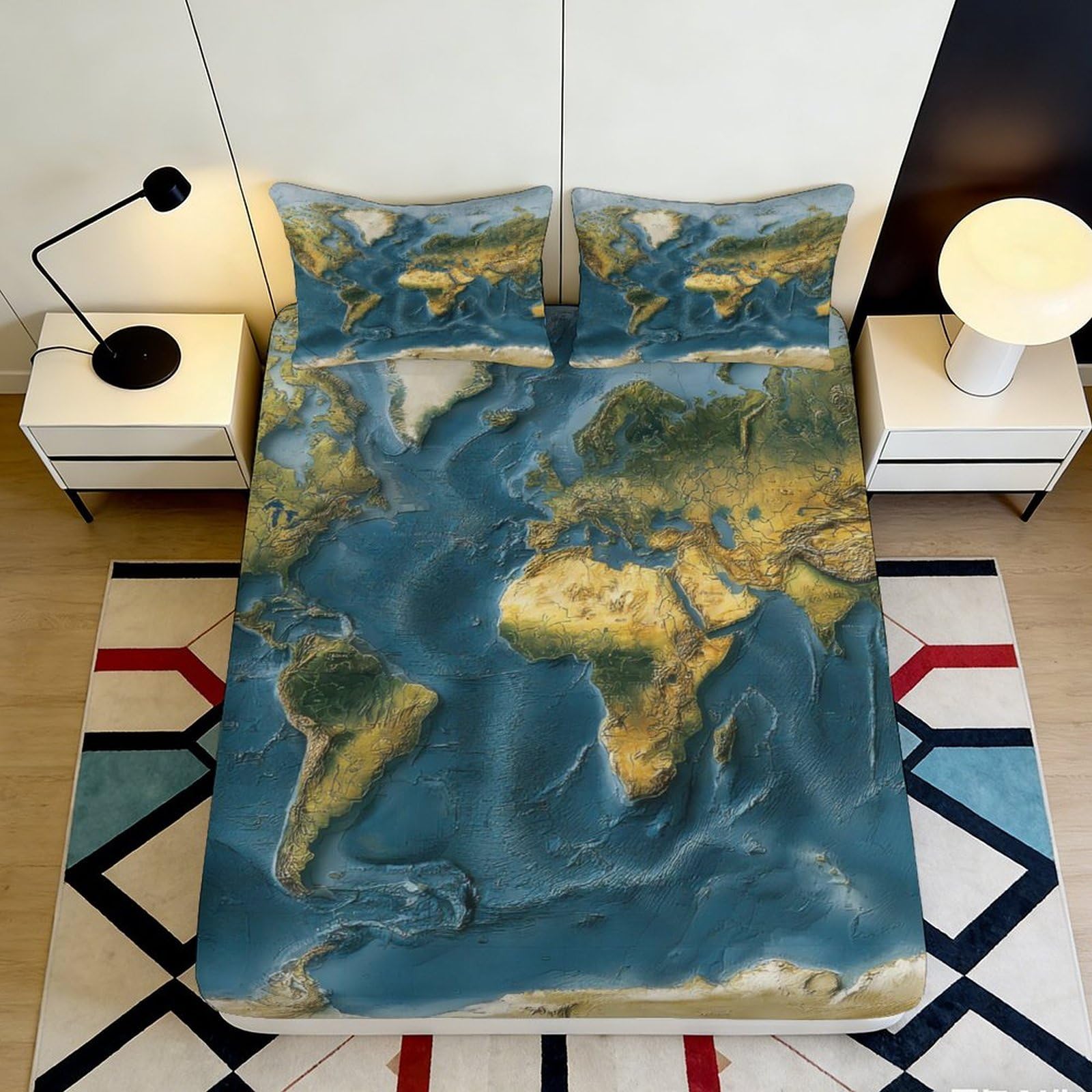 3D Printed World Map Fitted Sheet Microfiber Soft Decorative Geography Ocean Mattress Cover for Bedroom Guestroom Dorm 90x200x25cm