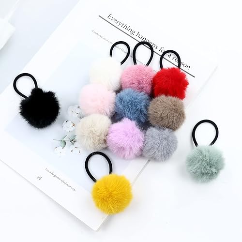 Miniatura 7 de Lawie Paquete de 24 lazos para el pelo con pompones peludos de colores caramelo, coleteros elásticos con pompones para coleta, bolas de pelo