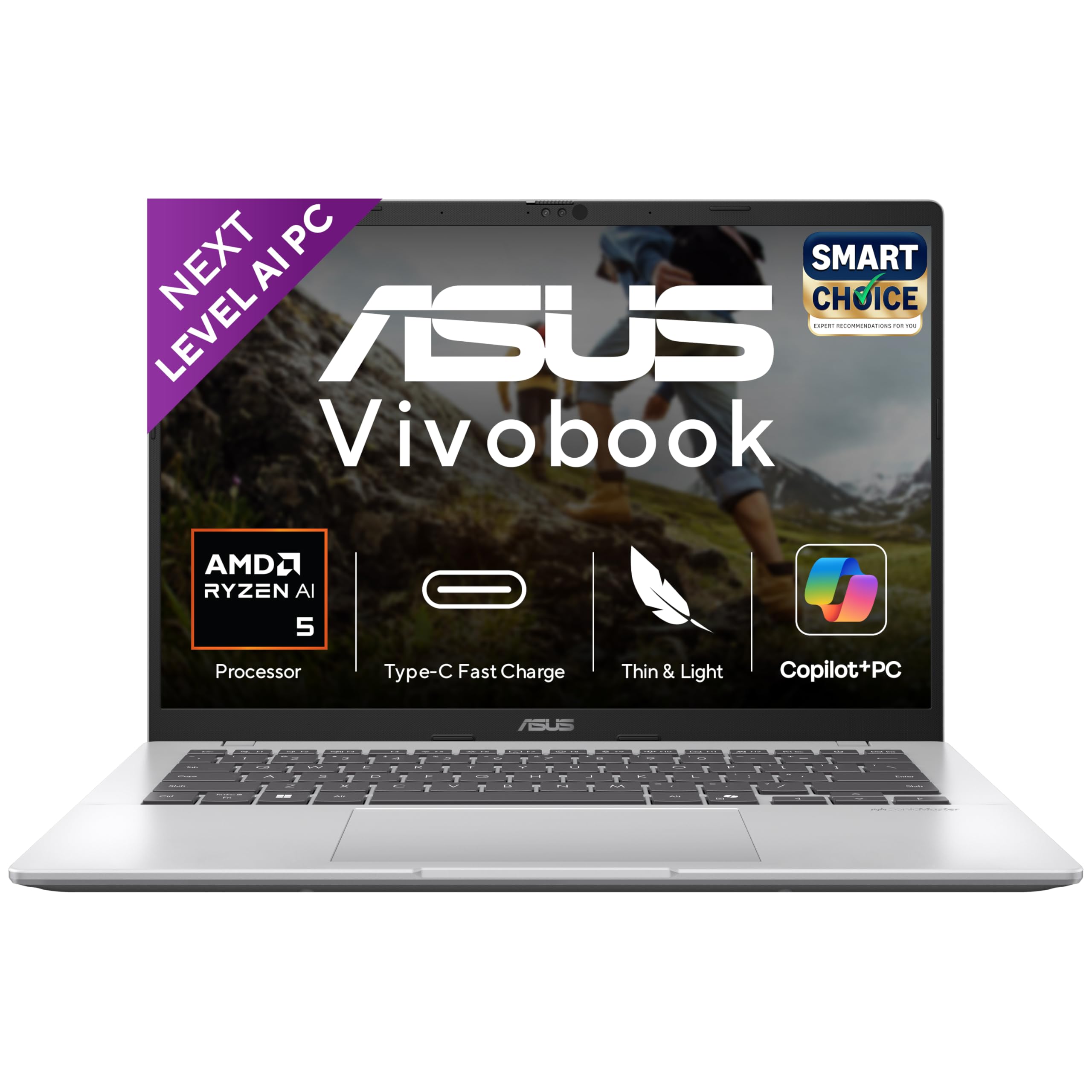 ASUS Vivobook 14,Smartchoice,AMD Ryzen AI 5 330,16GB RAM,512GB SSD, FHD+ 14", Win11,Office24,M365 Basic (1Yr)*, Cool Silver,1.46Kg,M1407KA-LY131WS, AMD Radeon iGPU, 50 Tops,Next-Gen AI Laptop,Copilot+