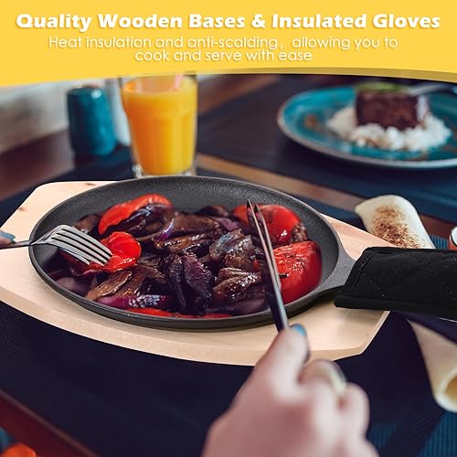 Miniatura 6 de Mifoci Fajita - Juego de 12 sartenes de hierro fundido resistentes antiadherentes con bandeja de madera y guante caliente, placa de carne
