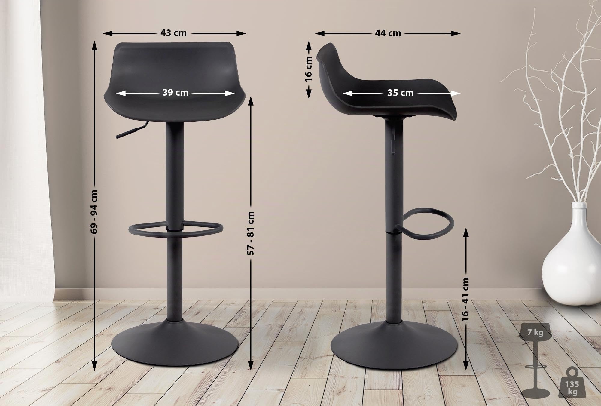 CLP Set di 2 sgabelli da bar Aveiro Con seduta in plastica I Sgabello da banco Altezza regolabile I Sgabello da banco Con base a tromba Colore nero