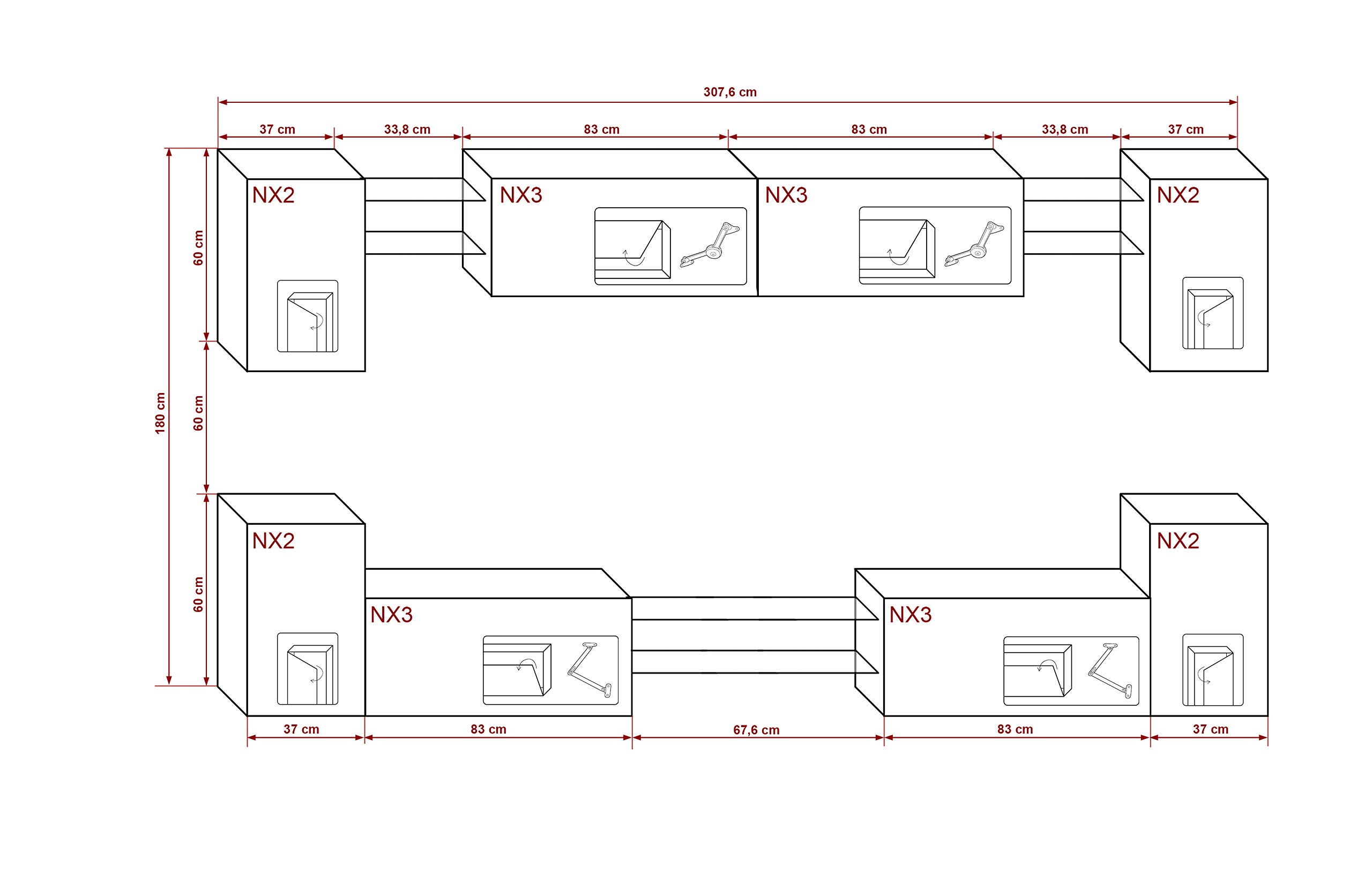 Furnitech Wohnwand Wohnzimmer | Hängend Modern | Schrankwand mit Regale und TV Schrank | Möbel ohne LED (Nairobi D40-M-W16 MATT)