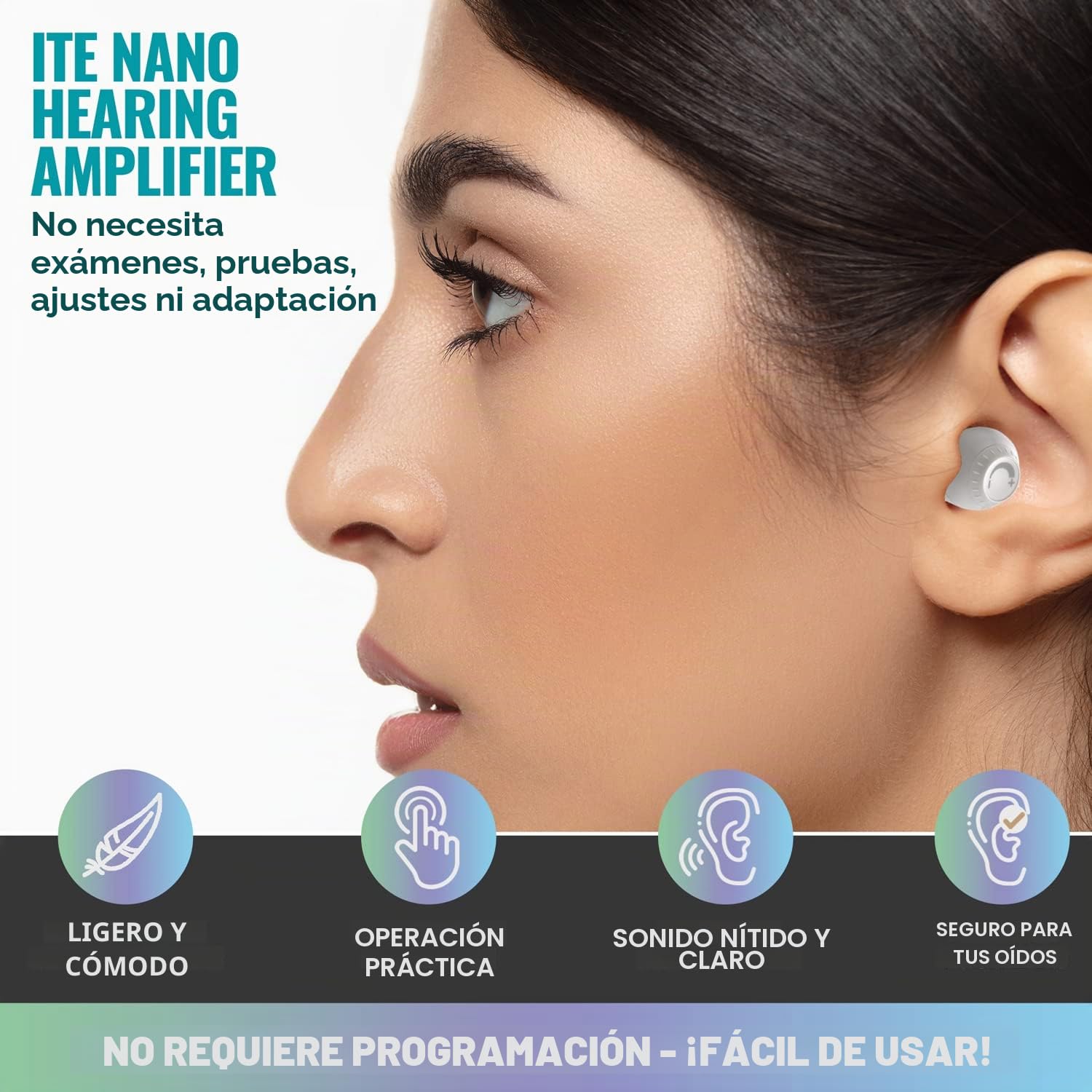 Mini Digital - ITE Recargable Personal - Dispositivo liviano con cancelación de ruido, detección en el oído y dial de control de volumen para adultos mayores, blanco