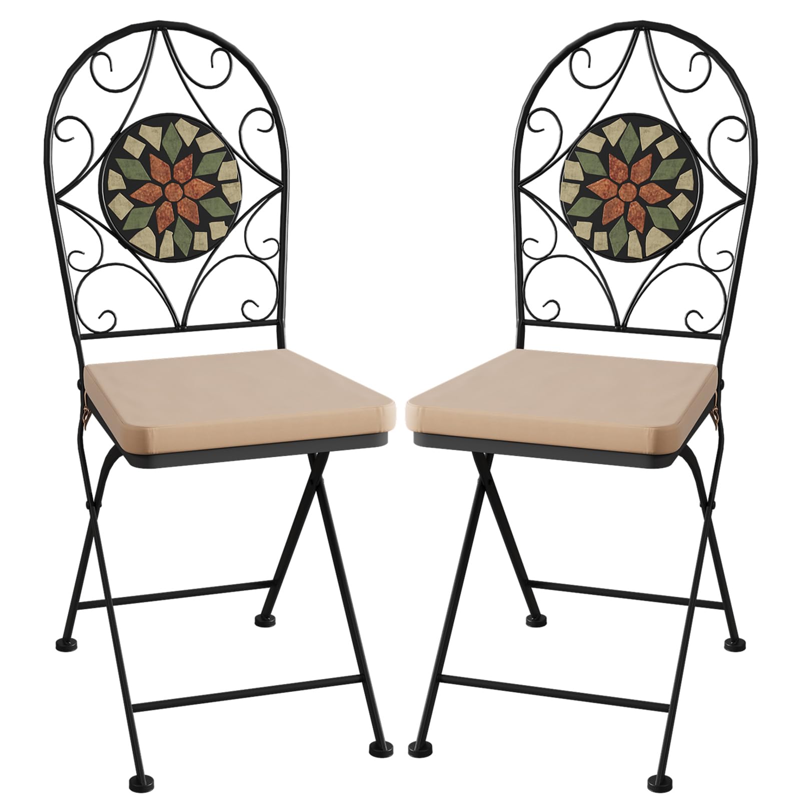 Warmiehomy Folding Mosaic Garden Chairs Set of 2, Natural Stone Patio Bistro Chairs with Cushions & Backrest, Space Saving Foldable Metal Outdoor Dining Chairs for Garden, Balcony, Courtyard