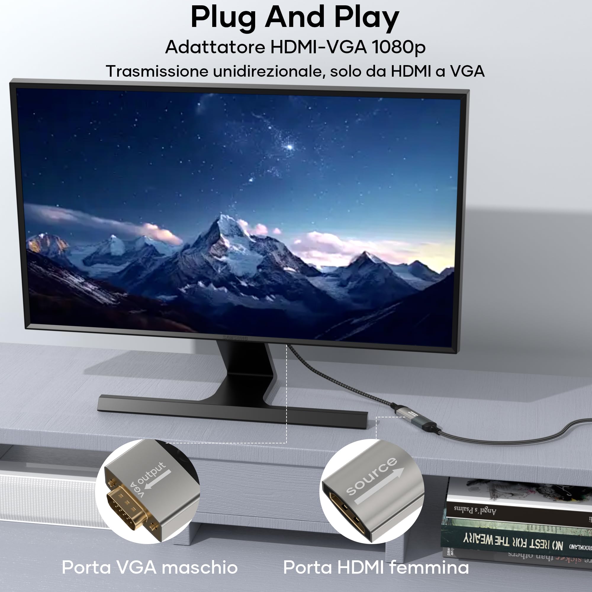 Adattatore HDMI a VGA,adattatore HDMI femmina a VGA maschio unidirezionale 1080p intrecciato in nylon per computer,monitor/TV vga per laptop,PC,chiavetta TV,HDTV,lettore DVD,monitor,proiettore