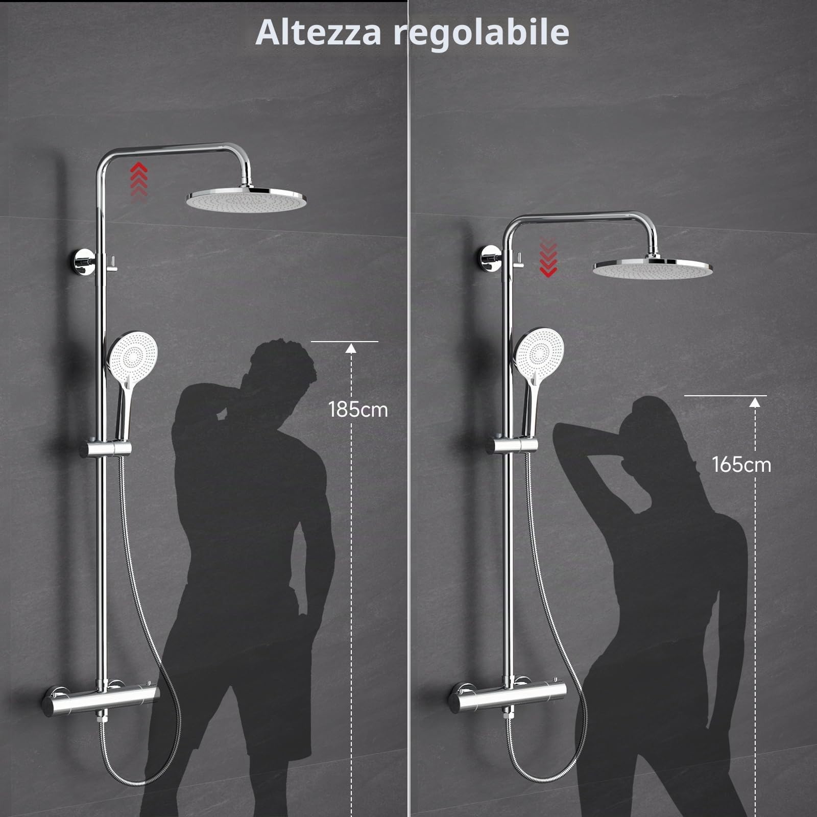 Rainsworth Colonna Doccia con Miscelatore Termostatico, 25cm rotondo soffione doccia, doccia a mano 3 Funzione Doccetta, 92-126 cm Altezza Regolabile Grifo Ducha, Cromo | Set completo per doccia con doccetta a 3 getti, asta doccia regolabile in altezza 92