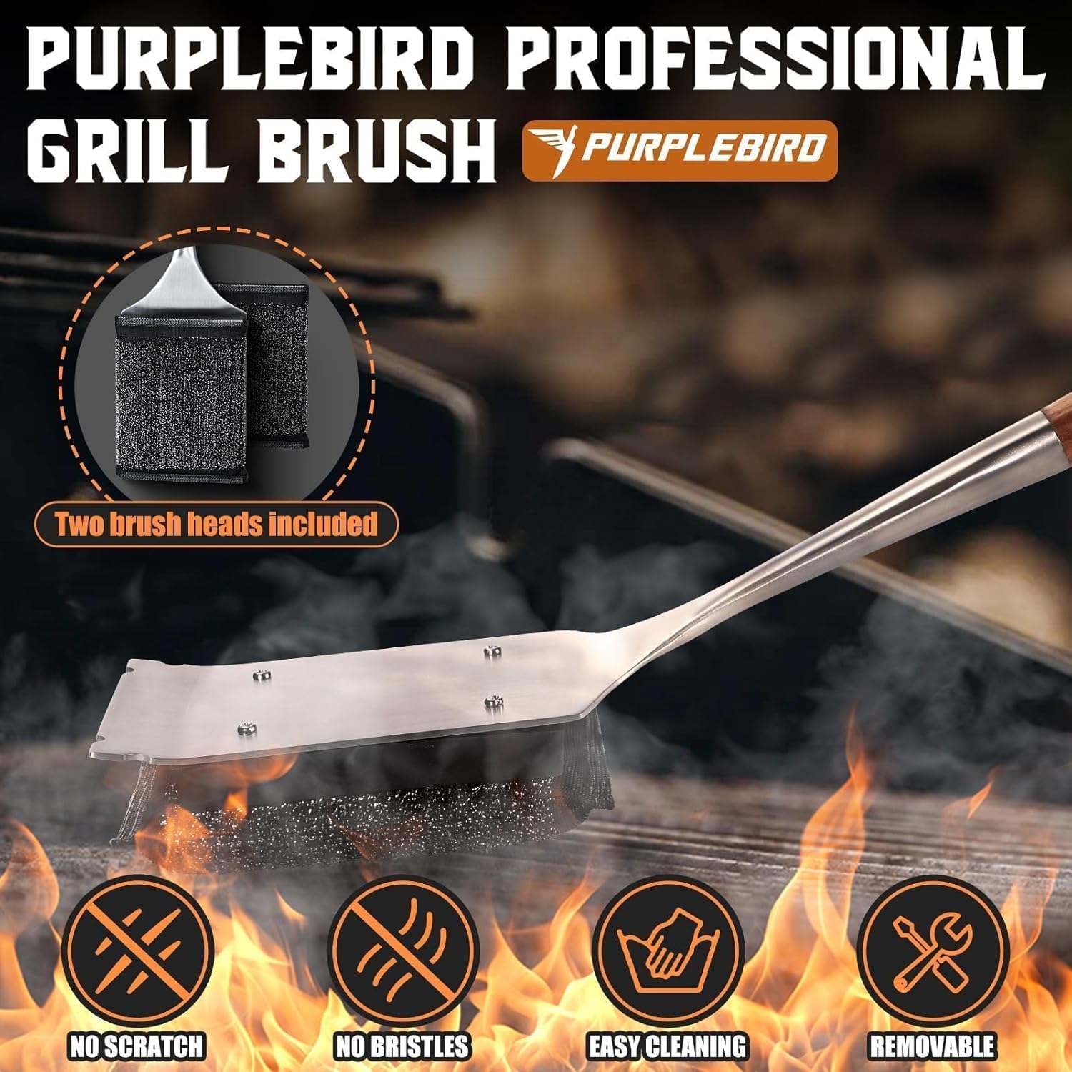 PURPLEBIRD Grill Brush Bristle Free for Outdoor Grill, 3 in 1 BBQ Brush with Scraper & Bottle Opener, Grills Cleaning Brushes with 1 Replacement Head, Grills Scrubber with Wood Handle