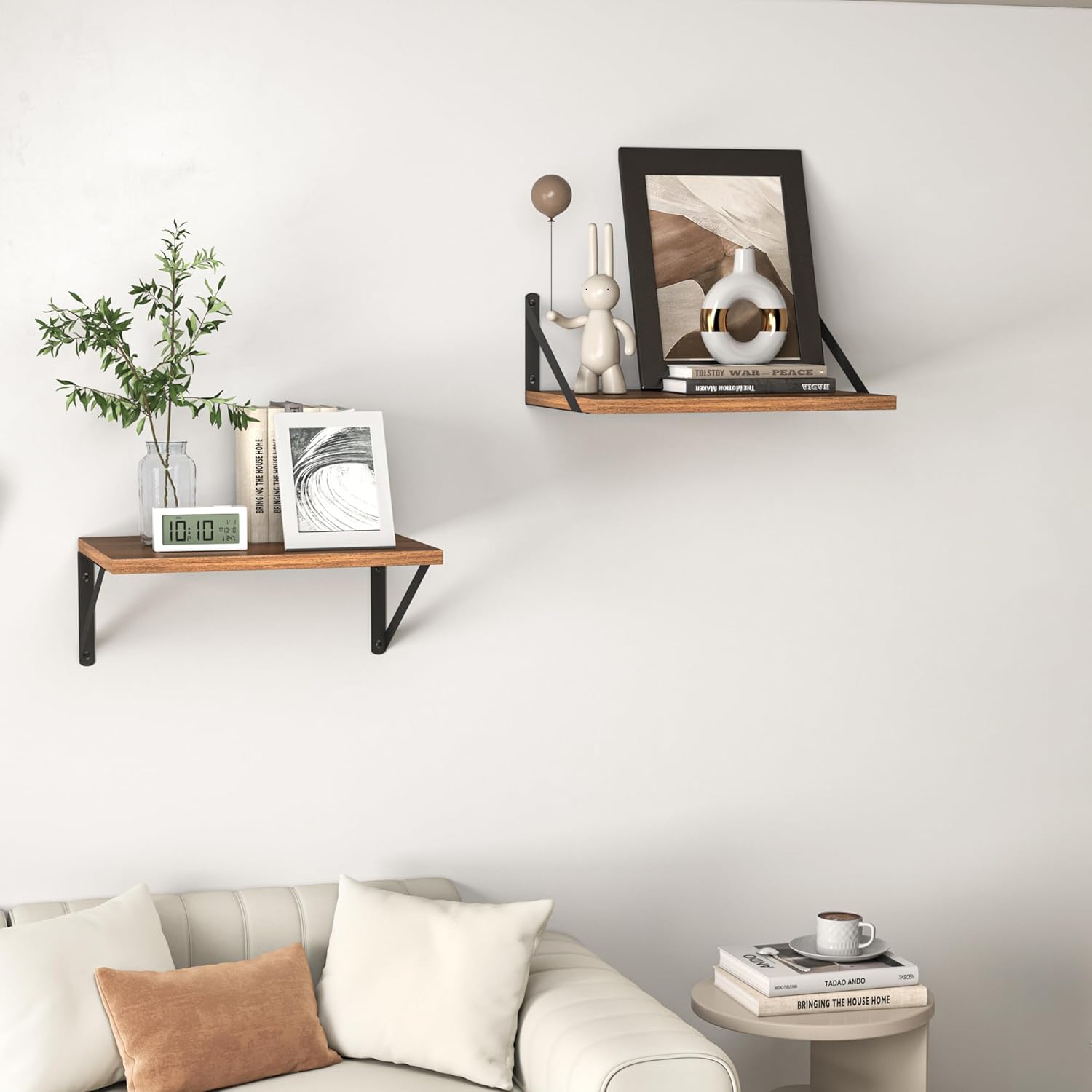 Heimlove 12 Inch Deep Floating Shelves for Wall, 16W x 12D Wood Wall Shelves Set of 2, Walnut Wide Floating Bookshelf for Living Room, Kitchen, Office, Bedroom, with Black Metal Bracke - Walnut