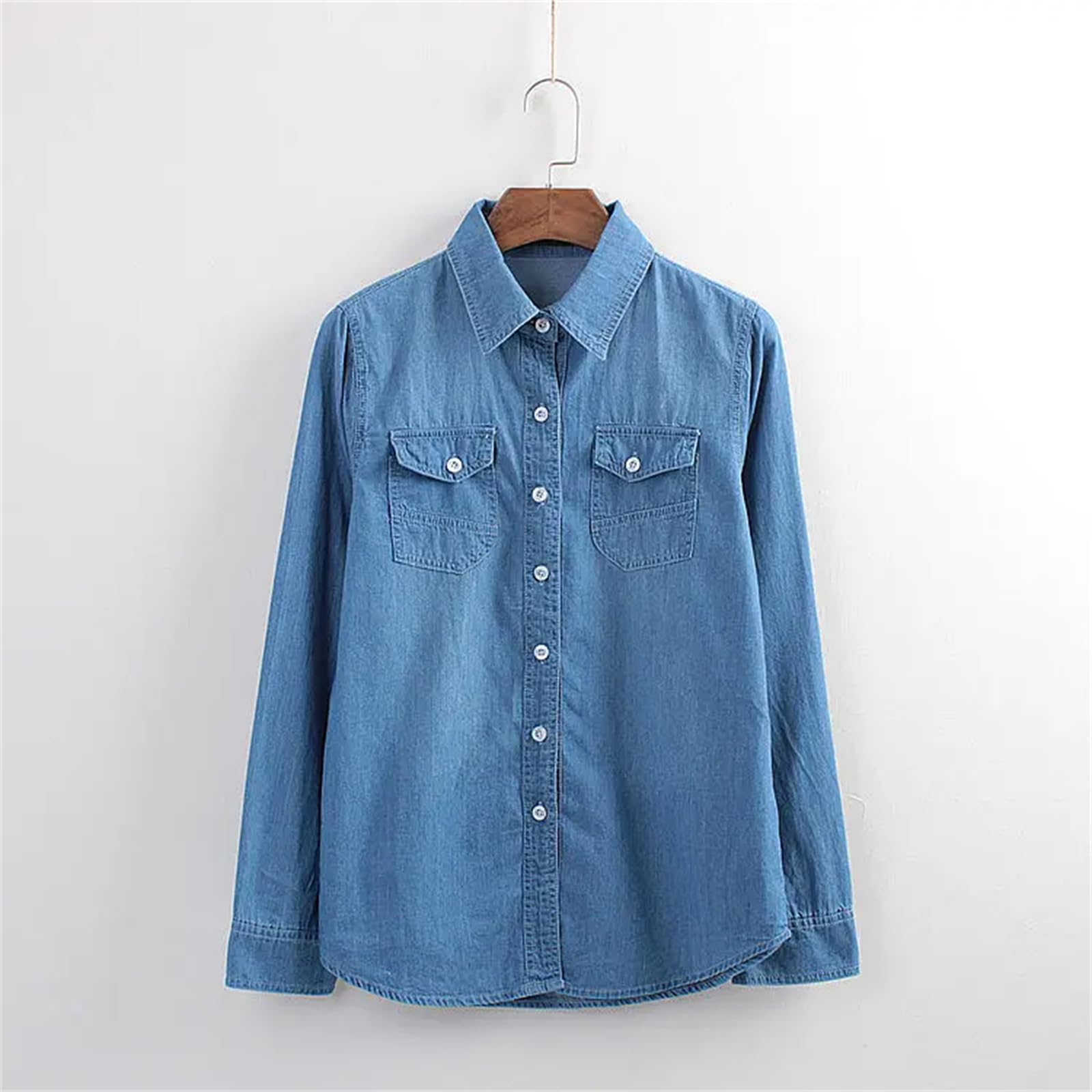 Yeuyyben Camicetta da donna a maniche lunghe, in denim, primaverile, con bottoni