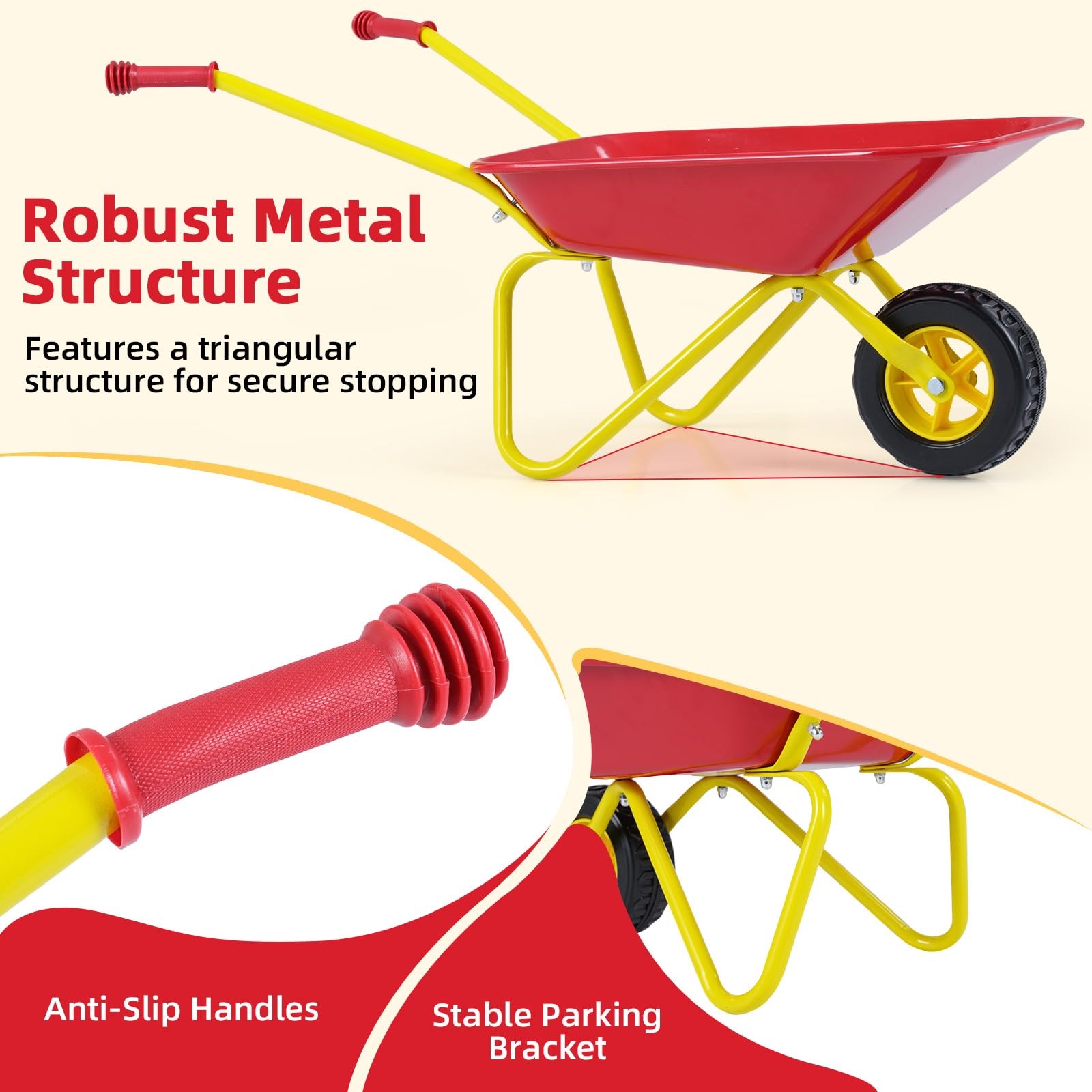 FANTASK Carriola per bambini, carriola in metallo, portata fino a 10 kg, carriola giocattolo per bambini dai 2 anni, per interni ed esterni (rosso)