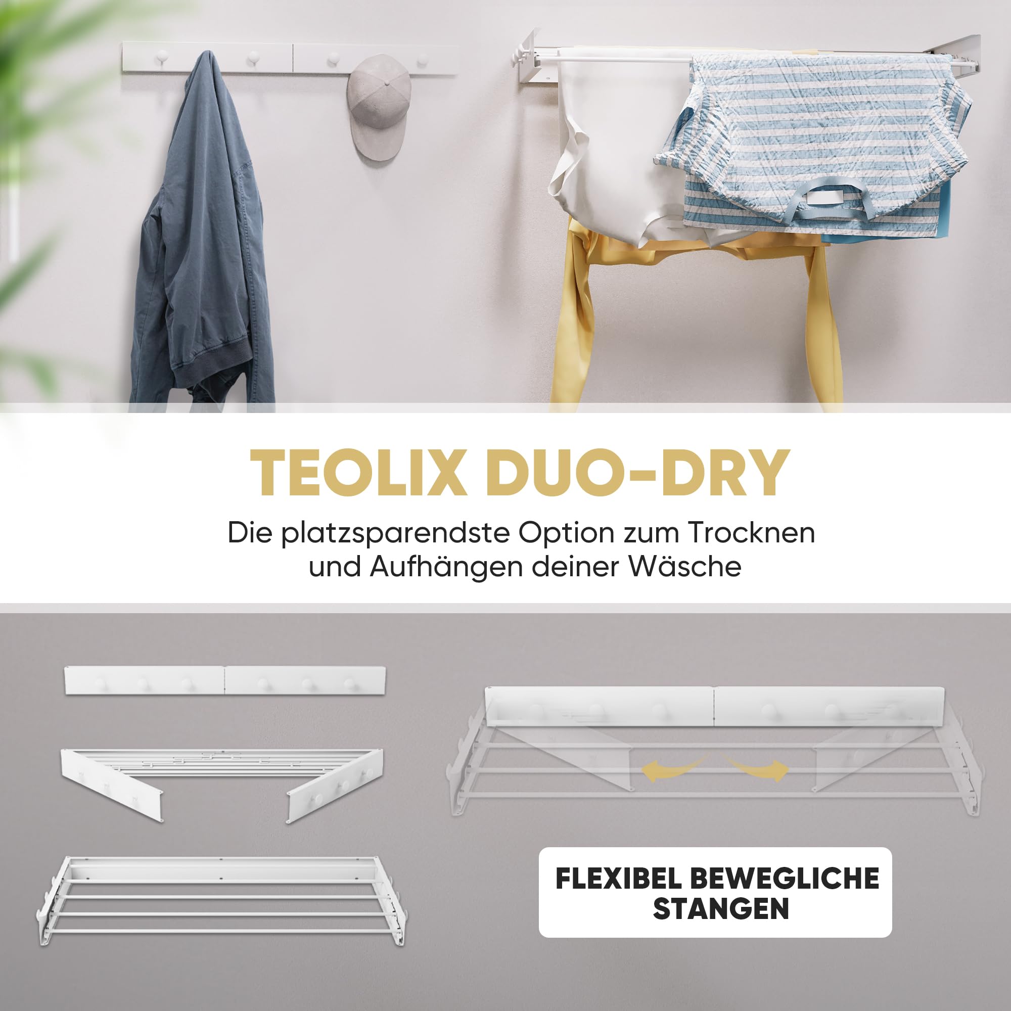 Wäscheständer Wandmontage [2in1 mit extra Kleiderhaken] Ausziehbar und Platzsparend | Wäschetrockner Klein für Wand | Clothes Drying Rack Zeitlos Praktisch - (Weiß, 100cm)