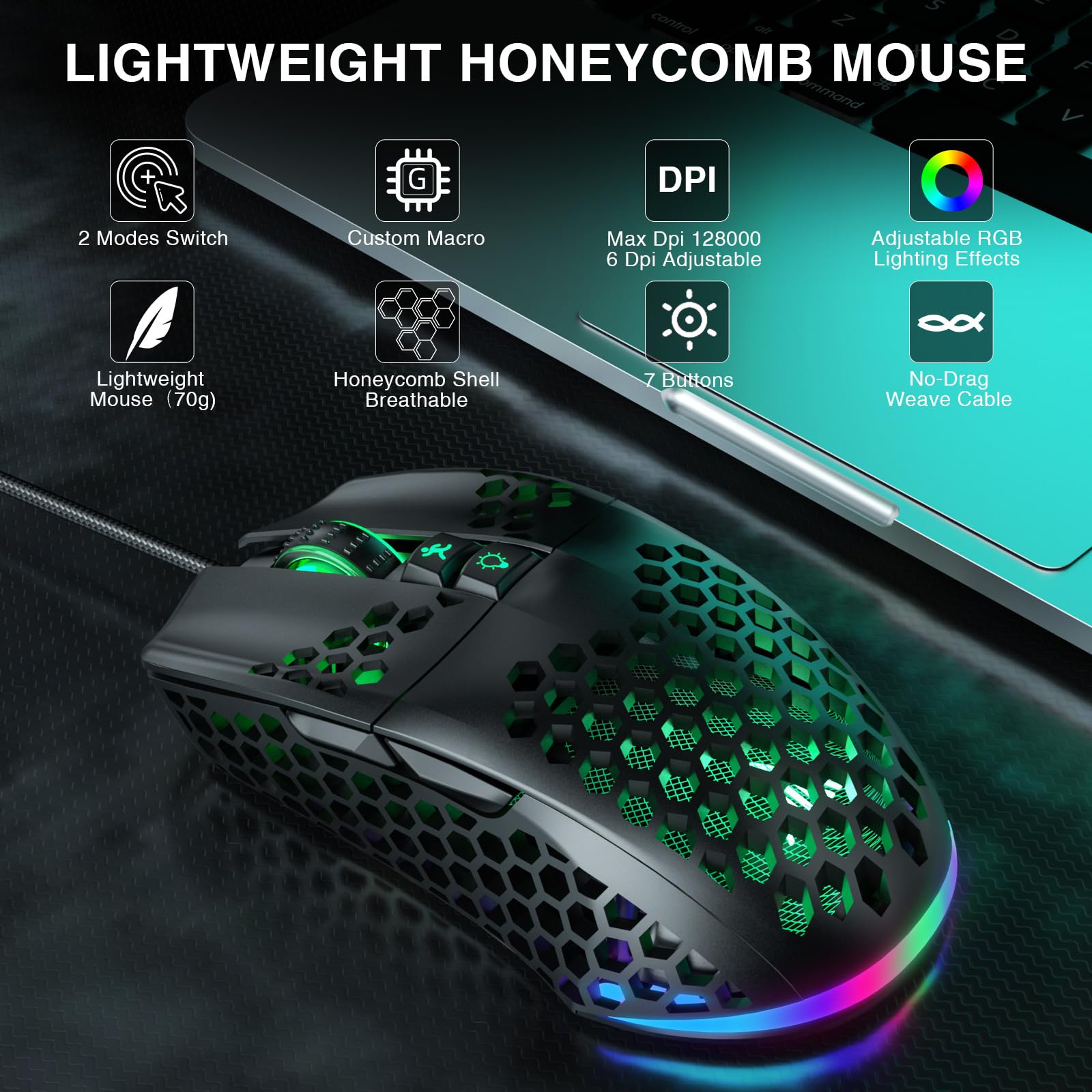 SOLAKAKA Ratón RGB para juegos con cable con carcasa de panal ajustable, 12800 ppp, 7 botones programables, mouse ergonómico para juegos para Windows, PC, Mac, laptop y gamer