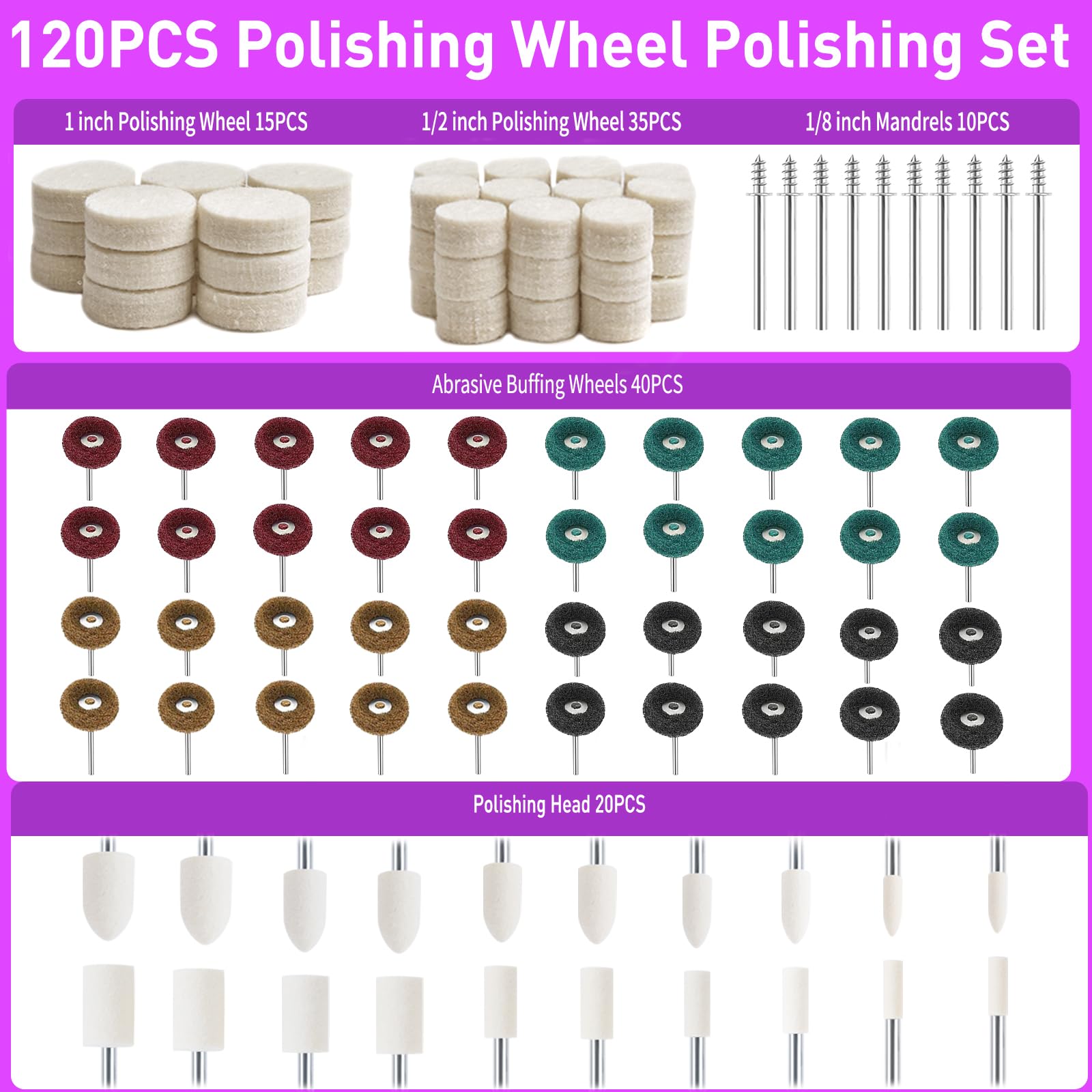 120 szt. Zestaw do polerowania Dremel, szlifierskie koła ścierne do obrotowych akcesoriów narzędziowych z trzpieniem 1/8 cala, wiertła do polerowania metalu, drewna, zegarka, biżuterii