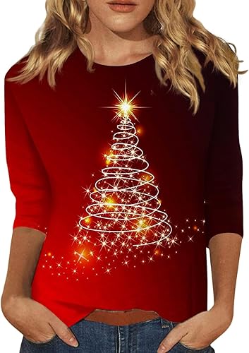 Women's Tops,Womens Tops 34 Sleeve Crewneck Cute Shirts Casual Print Trendy Tops Three Guarter Length T Shirt