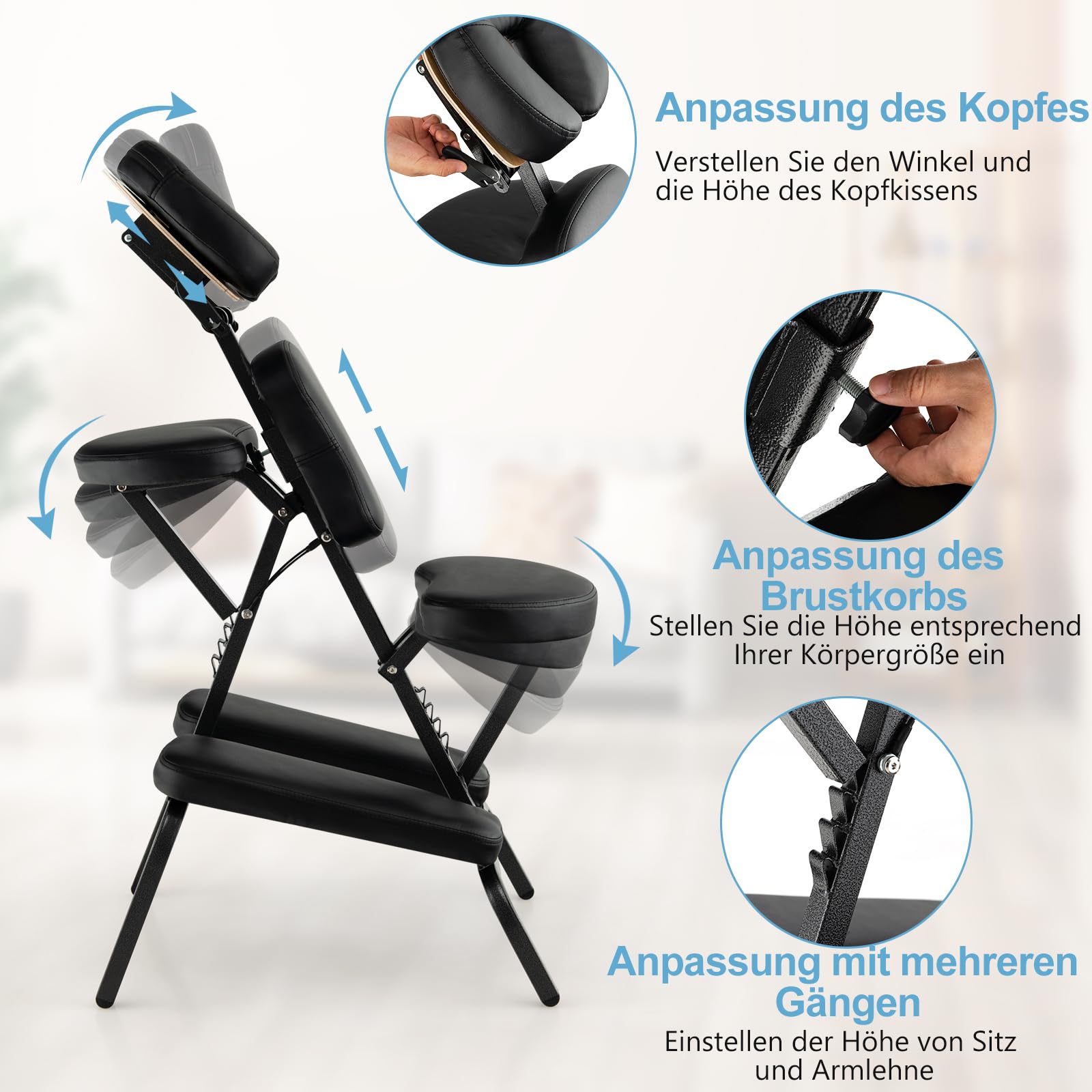 RELAX4LIFE Massagestuhl Klappbar Höhenverstellbar Therapiestuhl mit Verstellbarer Bruststütze Armablage Kopfstütze Sitz bis 160 kg Schwarz