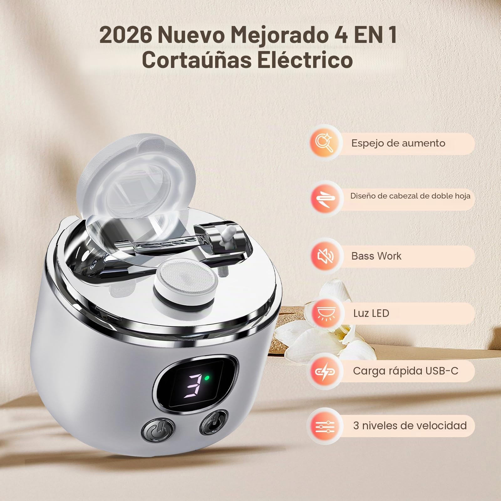 Cortauñas eléctrico 4 en 1 2026 Pro con luz LED y lupa, 3 velocidades para recortar y pulir uñas, Ideal para bebés, personas mayores y adultos, Recorta las uñas fácilmente
