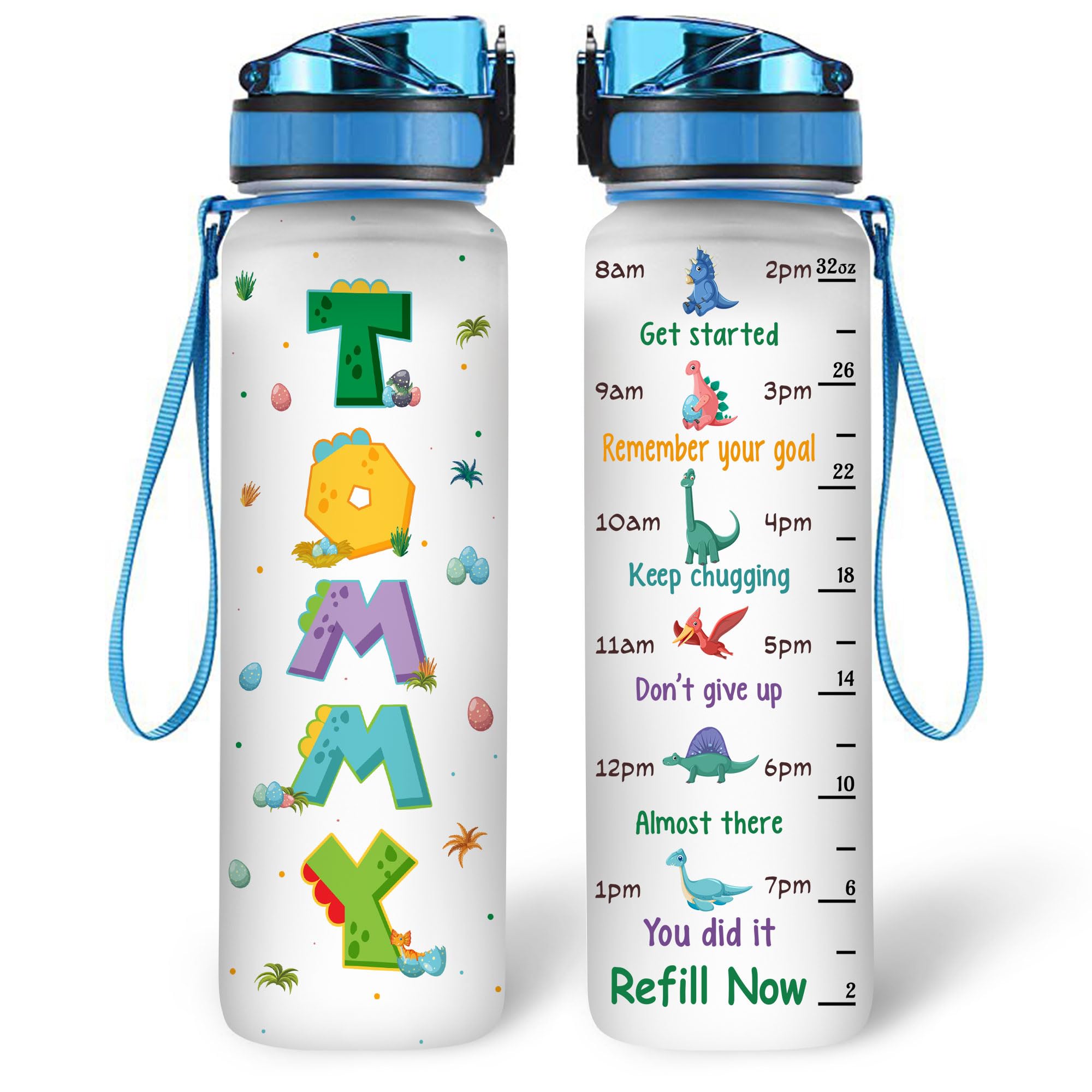 Hyturtle Personalized Dinosaur Lovers 32 Oz 1Liter Motivational Water Bottle, Dinosaur Customized Name Water Bottle With Time Marker, Dino Bottle