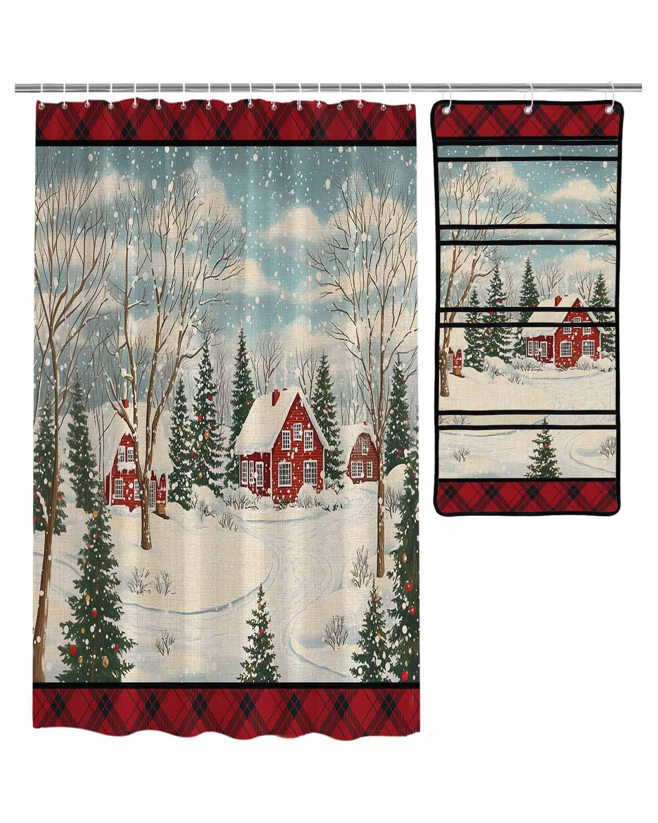 ZFUNCING Shower Curtain Mesh Shower Organizer Set Winter Christmas Tree Farmhouse Flax Waterproof Bath Curtains Hanging Shower Caddy