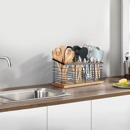 Miniatura 7 de Suli Soporte de utensilios de cocina extra grande con 4 compartimentos, soporte de metal negro mate con base de madera para encimera de cocina,