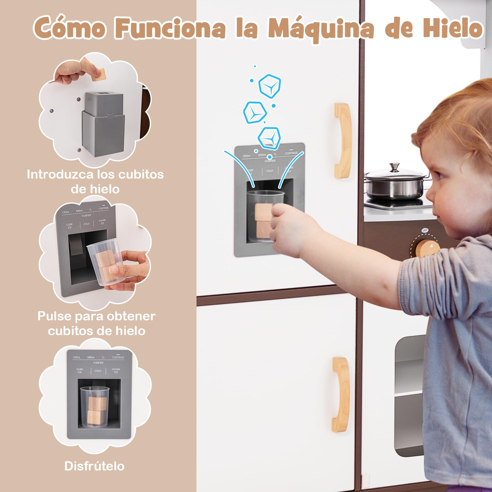 COSTWAY Cocina Juguete para Niños, Juego de Cocina Infantil con Sonido y Luces, Microondas, Horno, Fregadero, Lavadora, Juego de Cocina Infantil de Madera, a Partir de 3 años