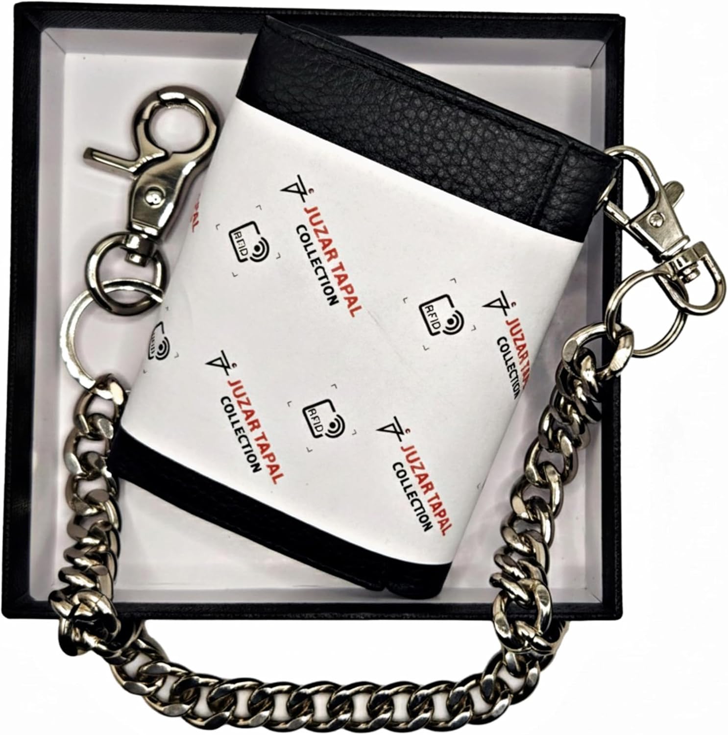 Men’s Trifold Leather Wallet with RFID Blocking – Black Genuine Leather Biker Wallet with Chain, Secure Snap Closure Design in USA New in Box