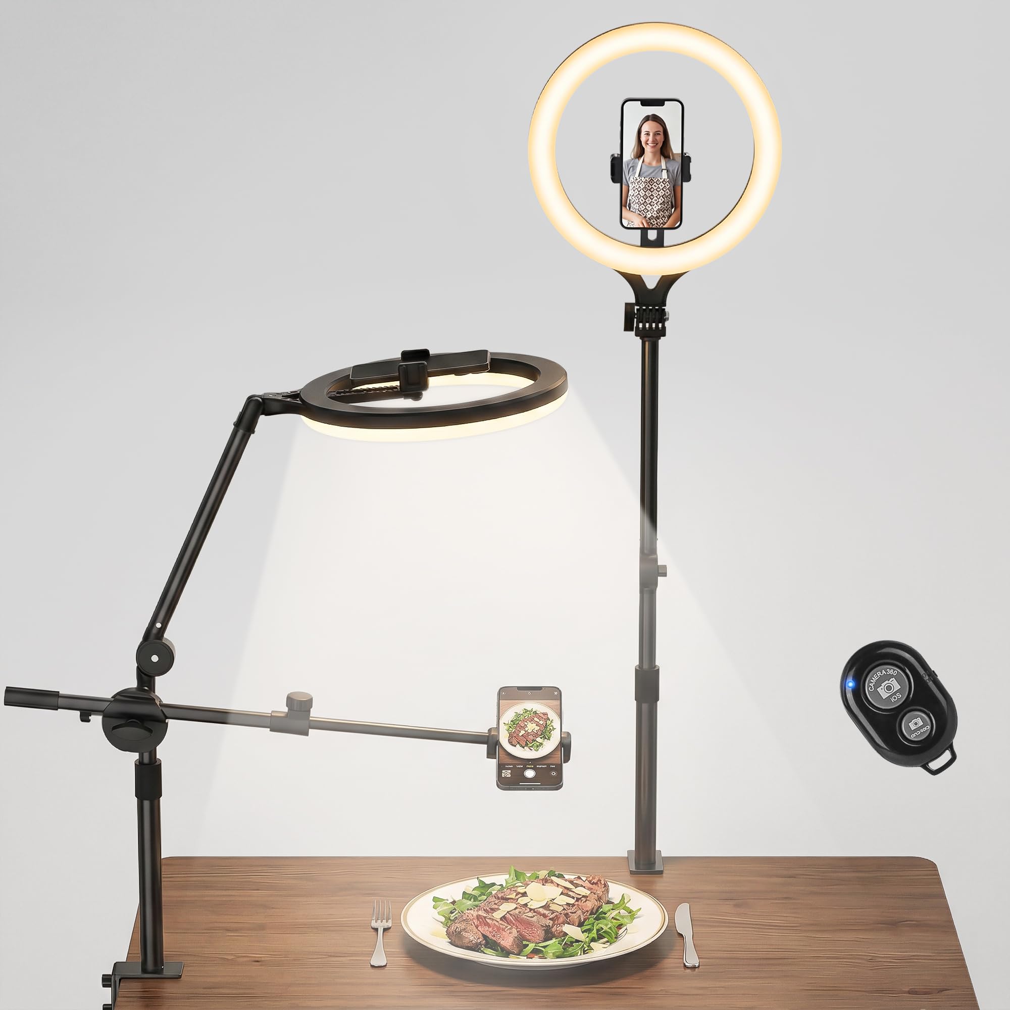 Anillo de luz de 11 pulgadas con soporte, con soporte para teléfono y anillo de luz de escritorio con soporte para teléfono, perfecto para soporte de teléfono para grabación y fotografía de productos