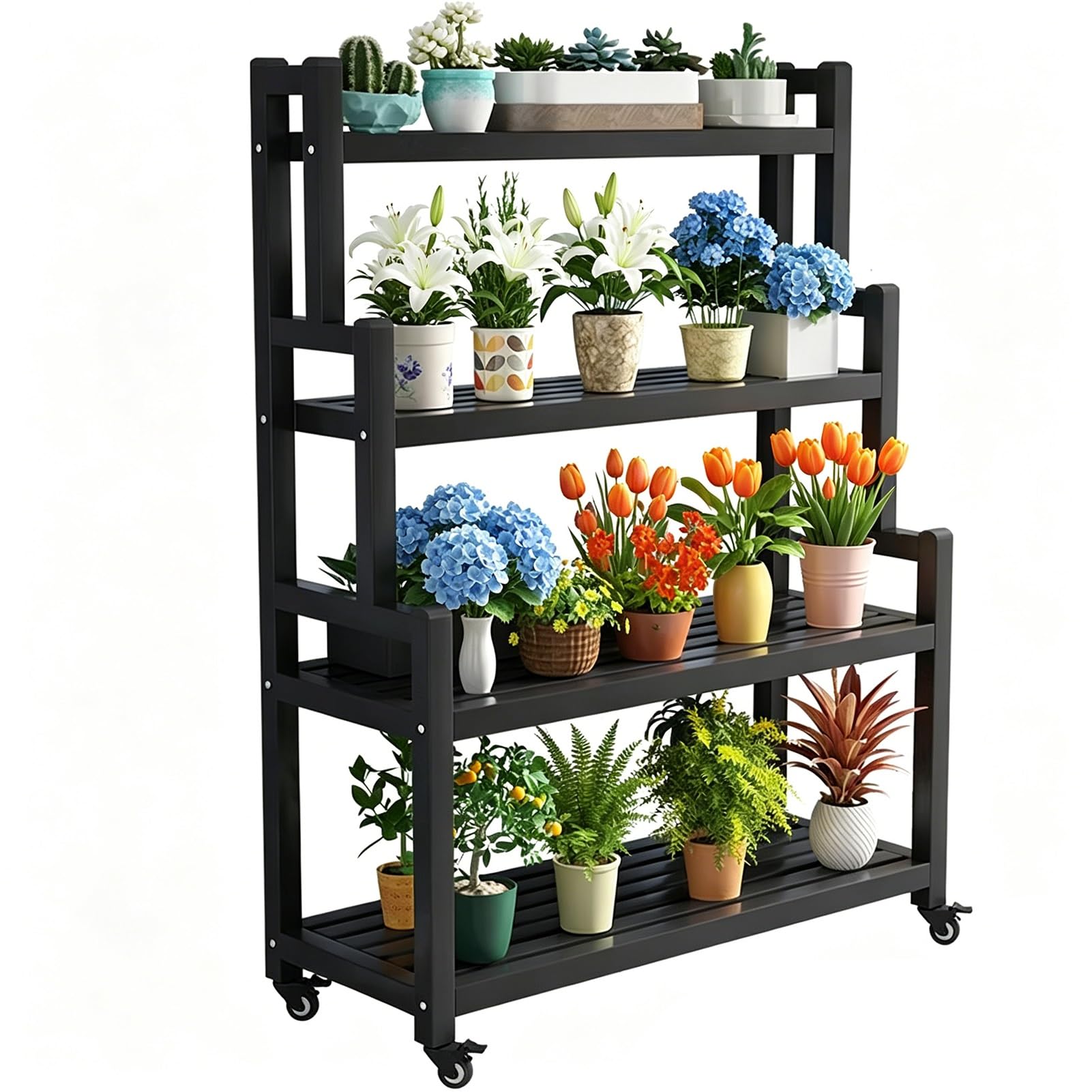 DMCHENGMA Multi-Layer Rolling Plant Shelf - 4 Tier Display Racks Black Metal Iron Flower Stand with Wheels, Utility Storage Rack for Succulents & Pots(100x40x145cm)