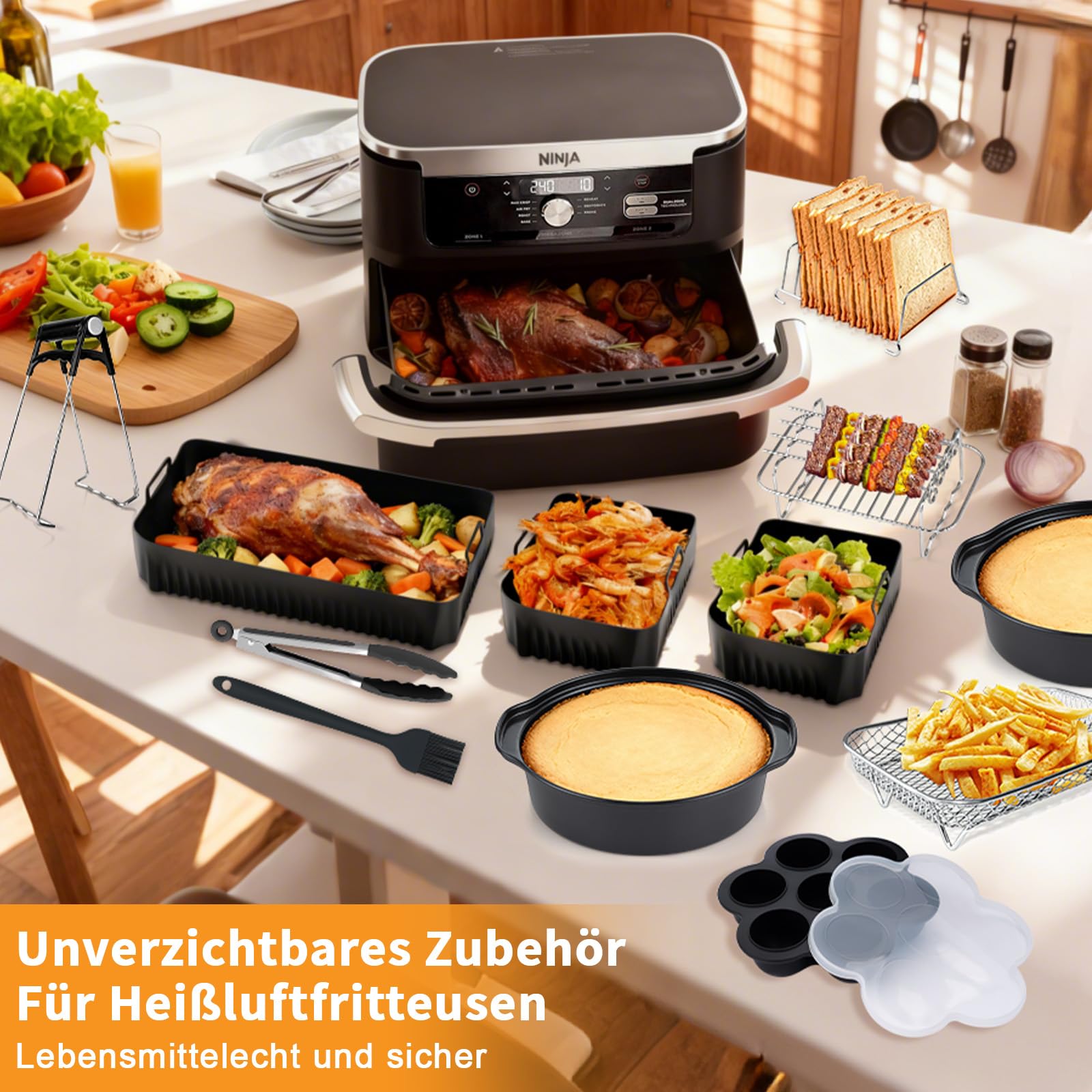 Hunnycook 17P Airfryer akcesoria do frytkownicy beztłuszczowej Ninja AF500EU, w zestawie 1 × 10,4 l + 2 × 5,2 l Airfryer silikonowa forma, forma do ciasta, kosz do smażenia, szczypce i inne, zestaw
