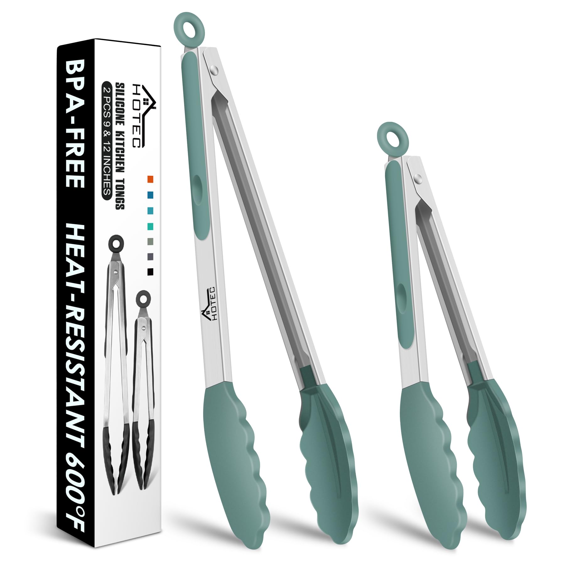 HOTEC Stainless Steel Kitchen Tongs with Silicone Tips, Set of 2-9" and 12"