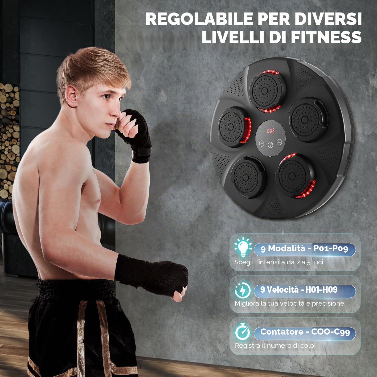 Music Wall Boxing, Macchina da Boxe Musicale Intelligente, Macchina da Boxe Elettronico con Connettività Bluetooth, 1 Paia di Guanti da Boxe, Uso Interno, per Bambini/Adulti