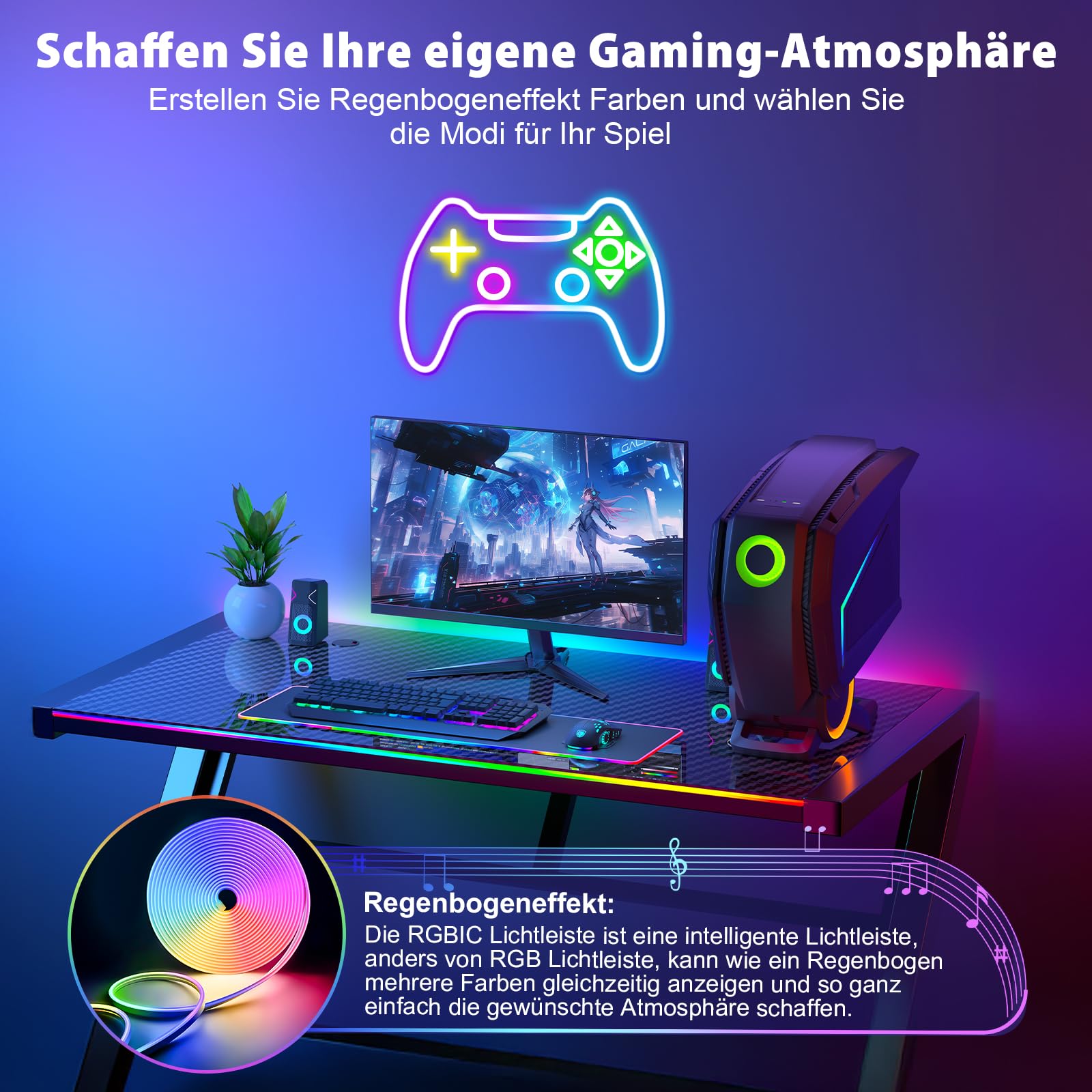 Striscia LED al neon RGBIC, 5 m, effetto arcobaleno, con telecomando app, IP65, impermeabile, flessibile, 24 V, tubo luminoso per musica, fai da te, per stanze, pareti, giochi
