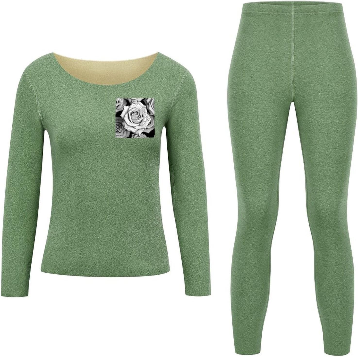 Women's Black White Rose Thermal Underwear Set Soft Long Johns Base Layer Top & Bottom for Cold Weather