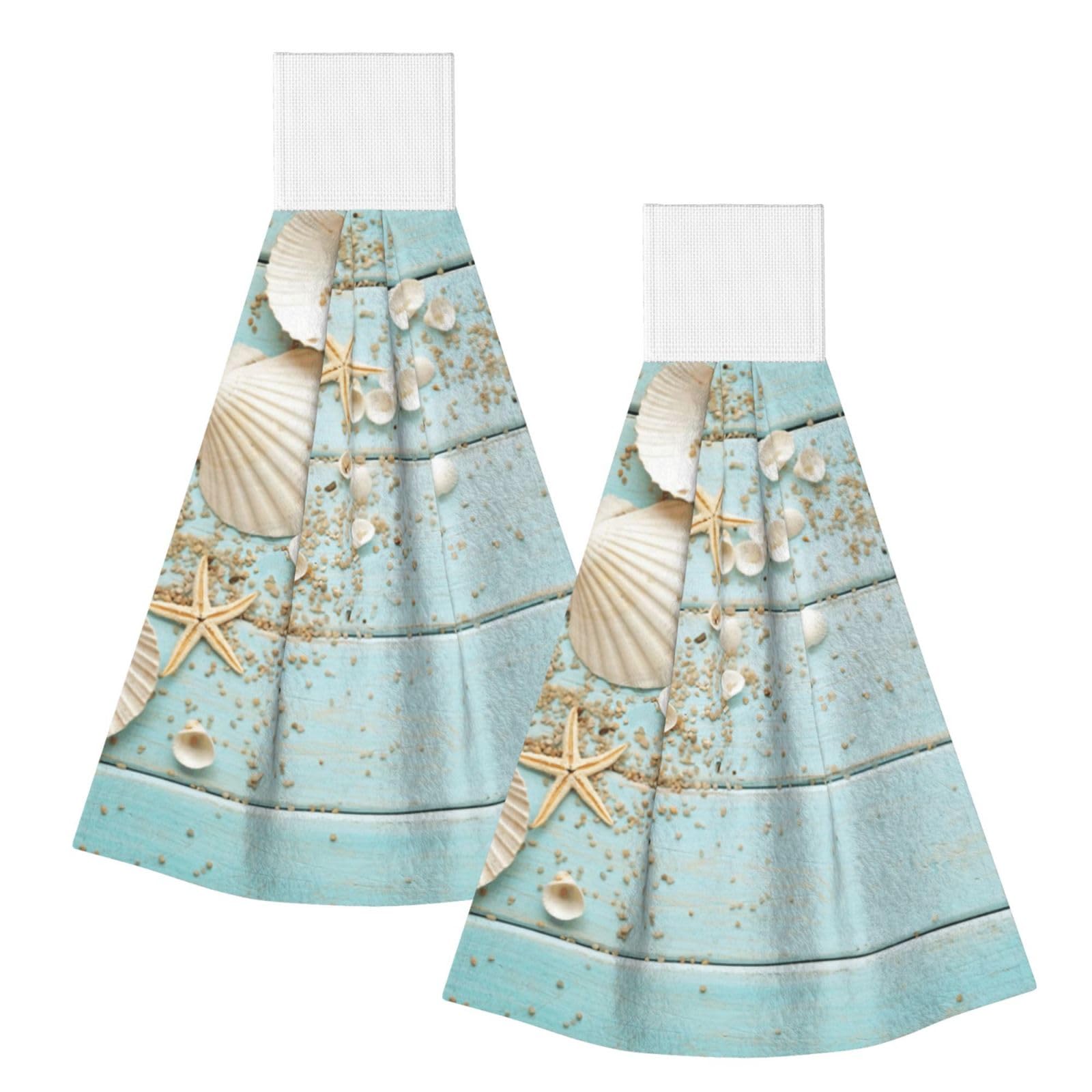 DOPKLNA Beach Shell Sea Starfish, 2 Pcs Hanging Coral Fiber Hand Towels for Bathroom, Absorbent Kitchen Towels