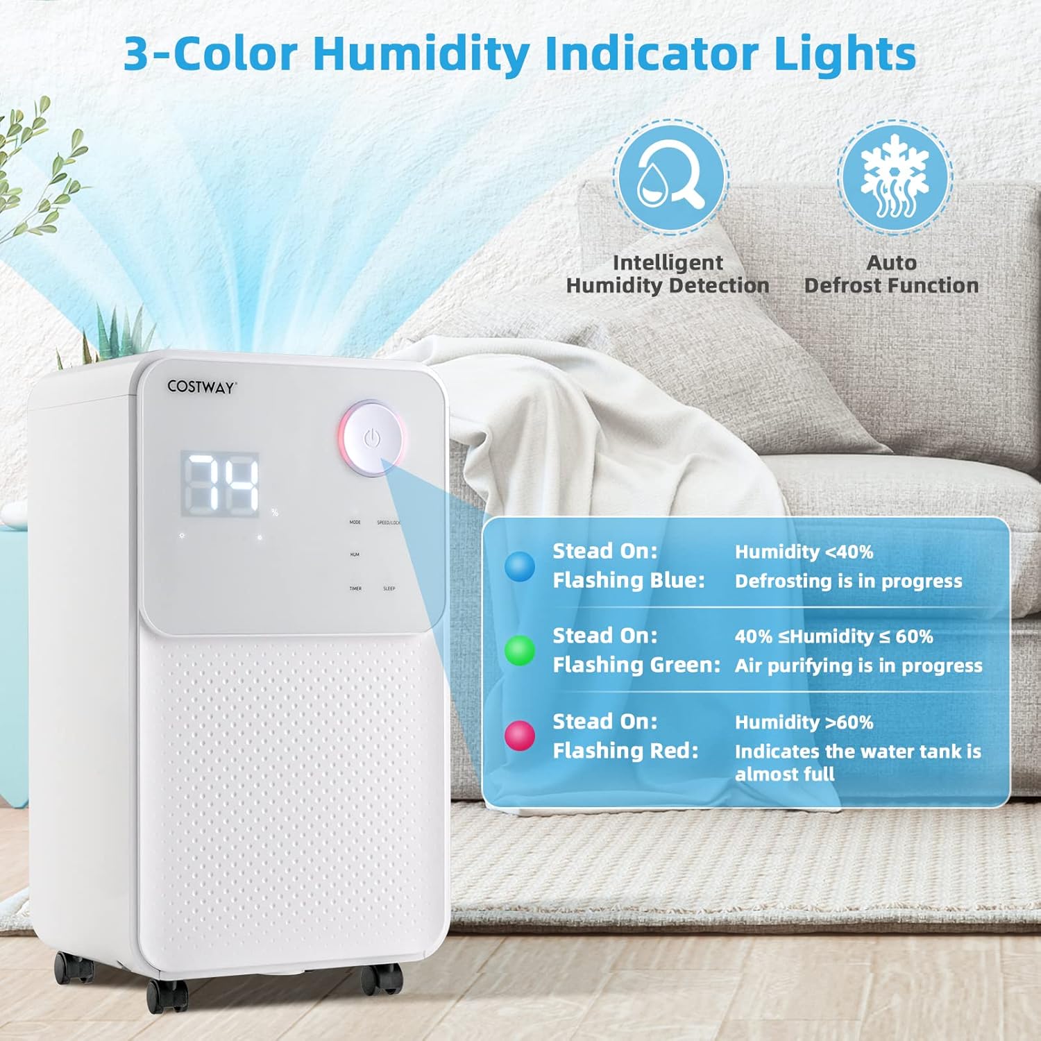 COSTWAY 2000 Sq. Ft Dehumidifier for Large Room & Basement, 32 Pint Dehumidifier with Drain Hose, 4 Modes, 2 Speeds, 24H Timer, Auto Defrost, 3-Color Digital Display