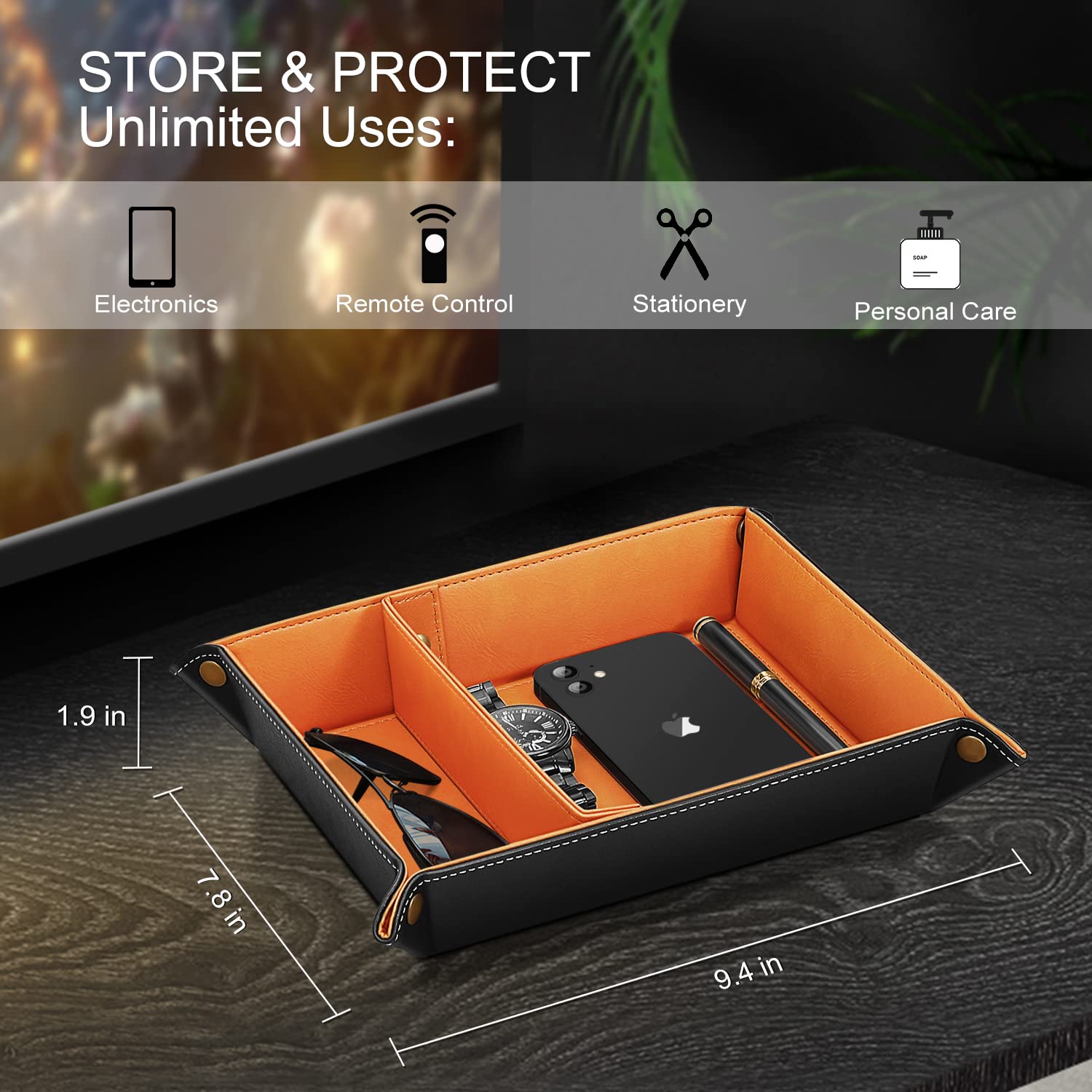 SITHON PU Leather Tray, Desktop Storage Organiser with 2 Compartments- Catchall Tray Bedside Vanity with Removable Dividers - Image 3